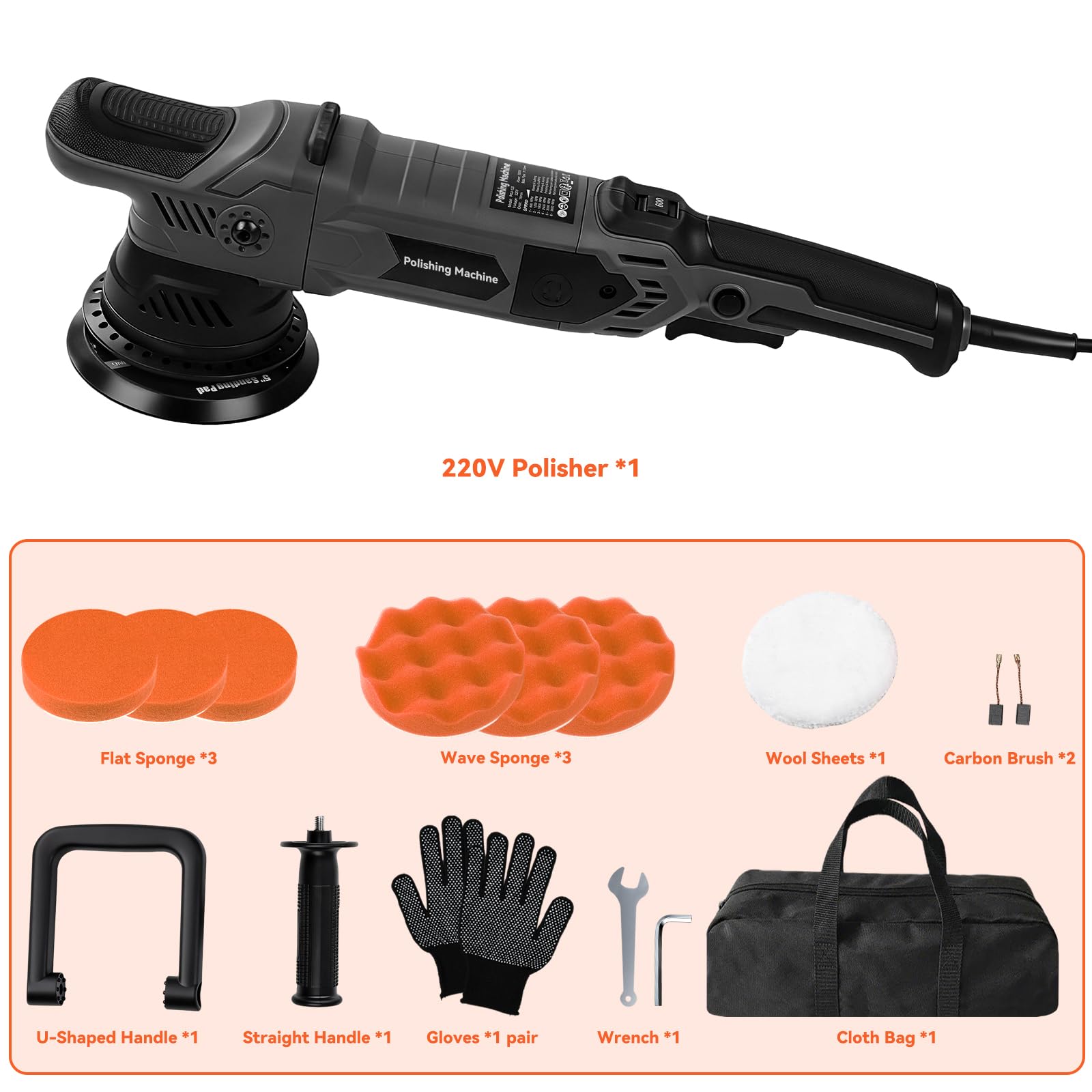 Pulidora Orbital 1600W, Kit Pulidora Coche, Máquinas Pulidoras Excéntrica 15mm, 6 Velocidades Variables con Plato de Pulido de 5 Pulgadas, Mango en D Extraíble, para Detallado, Pulido y Encerado