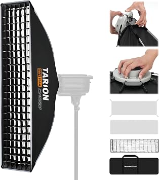 TARION 12"x47" Quick Release Bowens Mount Strip Softbox, Softbeam SQ-30120F | Foldable, One-Step Setup, with Diffusers, Honeycomb Grid, Carrying Bag, for Professional Studio Filming Interview Lighting