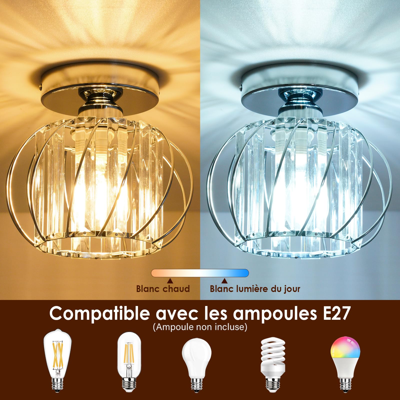 Plafonnier en Cristal, Luminaire E27 Lustre Moderne Chrome, Plafond Semi-Encastré pour Salon, Chambre, Cuisine, Salle à Manger, Couloir, Salle de Bain, Hall d'entrée, Bar