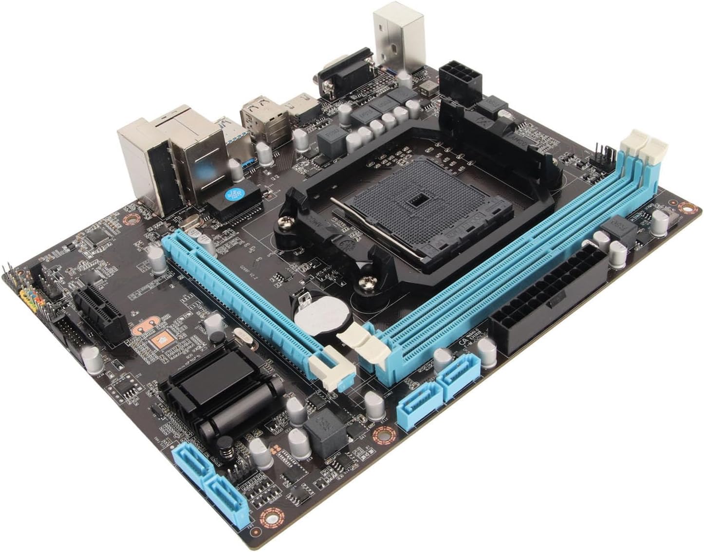 Angled view of the motherboard showing RAM slots and PCIe slot