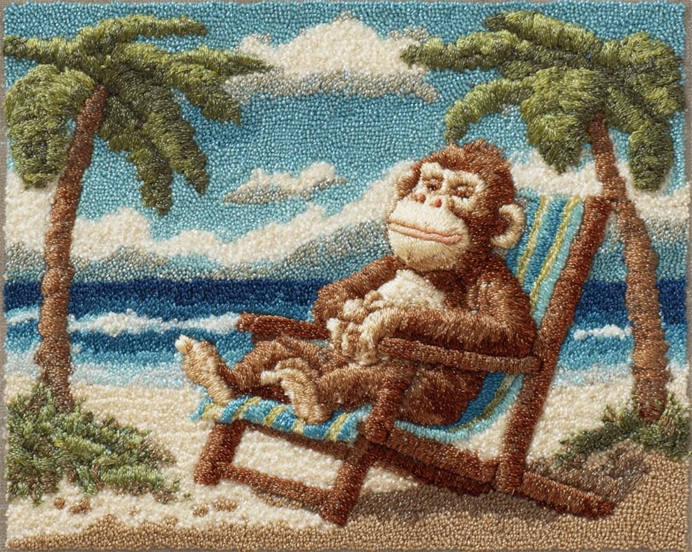 Kitquiver Latch Hook Rug Kits for Adults Monkey Sitting On A Beach Chair DIY with Printed Canvas Crochet Yarn Handmade Embroidery Crafts Crochet for Home Decoration 39X55In