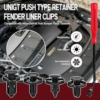 UNIGT Push Type Retainer Fender Liner Clips Compatible with Nissan/Infiniti Front Bumper Plastic Fasteners Replace 01553-05323, 01553-09321, 01553-09241, 11296-AG000 Radiator Rivets - 121pcs with Tool