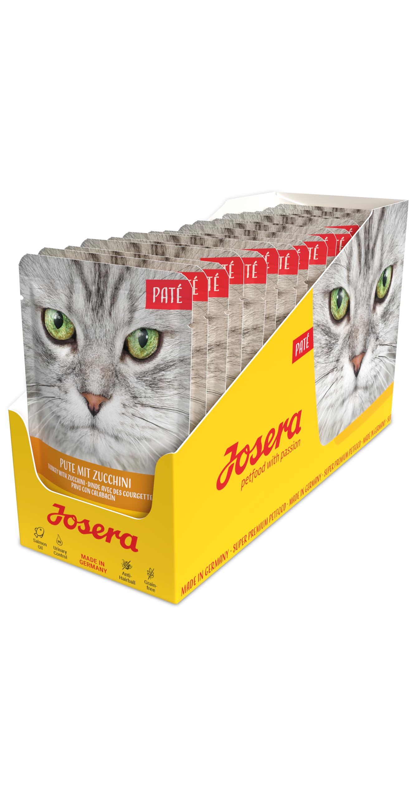 JOSERA Paté Pute mit Zucchini (16 x 85 g) | Adult | Premium Nassfutter für ausgewachsene Katzen | Pastete mit Pute & Zucchini | Lachsöl | getreidefrei | Katzenfutter nass im Frischebeutel | 16er Pack