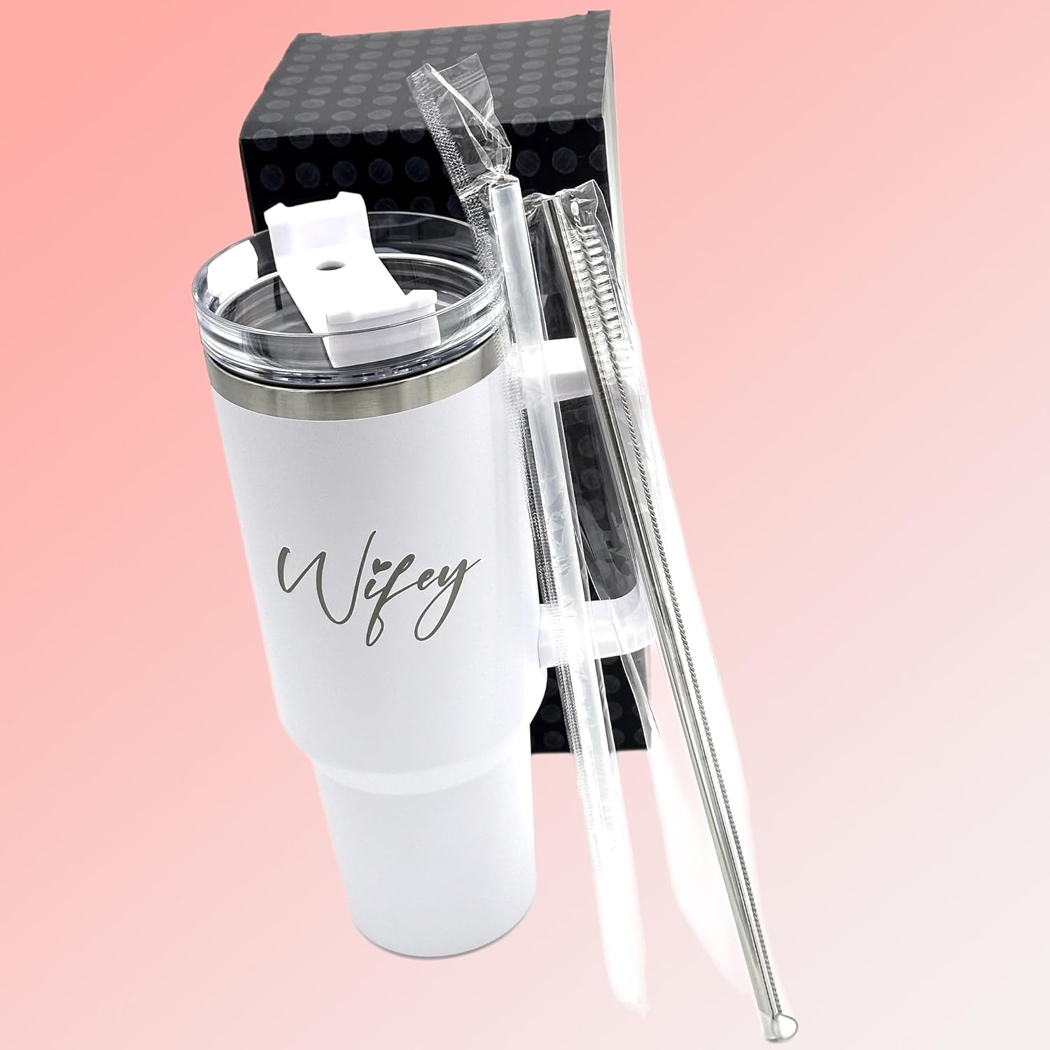 QualityVibe Wifey & Hubby Wedding Gift 40 oz Engraved Tumbler Set Of 2 For couples With Straw & Brush. Christmas or Engagement Gift Set For Bride & Groom. - Image 3