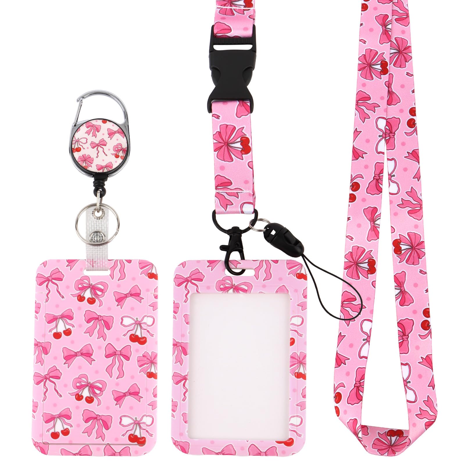 Norbiariz Pink Bow & Cherry Print ID Card Holders Set with Lanyard & Retractable Badge Reel, Vertical Card Holders with Keyring for Work & School