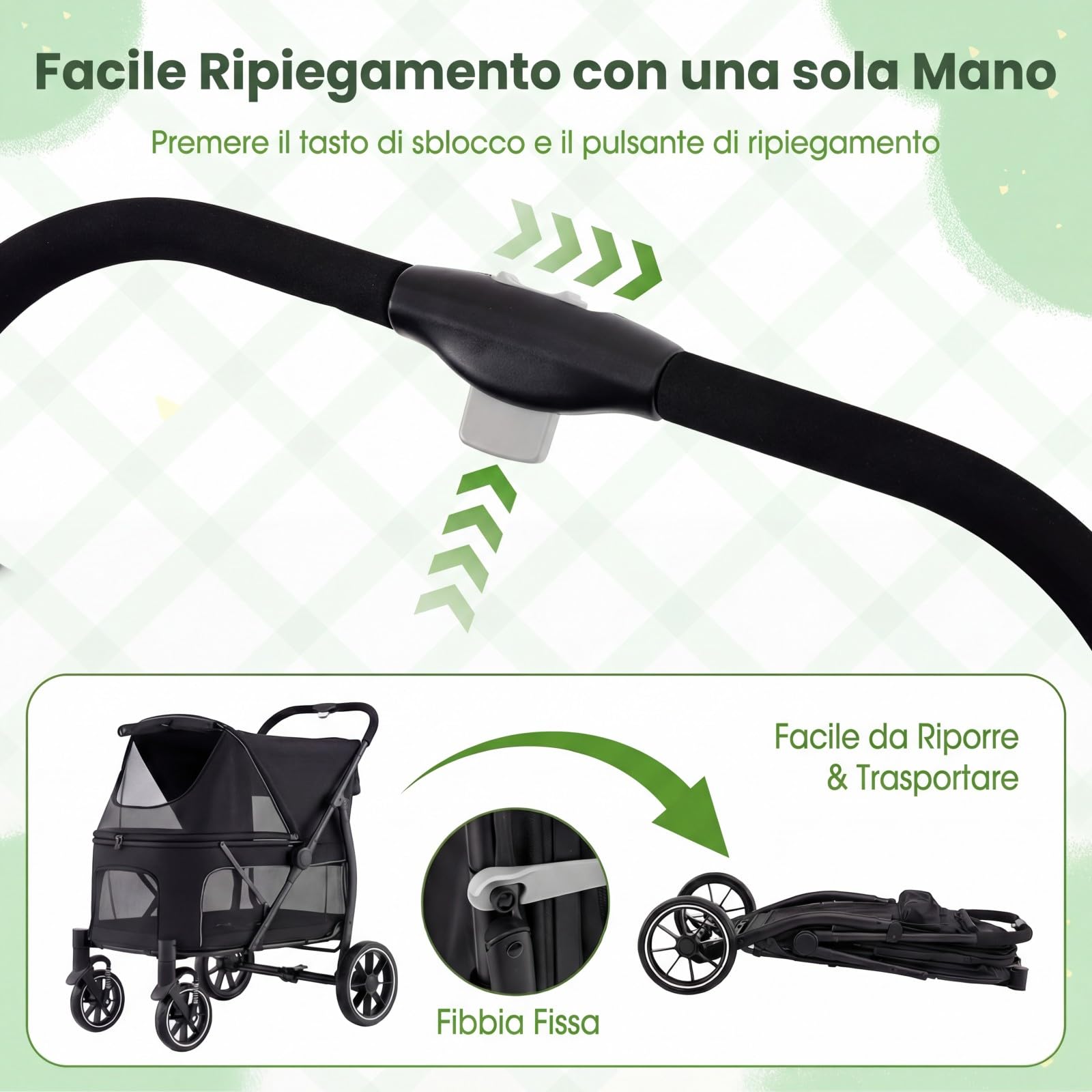 COSTWAY Passeggino Pieghevole per Cani, Carrozzina per Cani Fino a 40 kg con Entrata Bassa, Finestra Regolabile in Rete, Tasche Portaoggetti e Cintura di Sicurezza per Animali Tutte le Taglie (Nero)