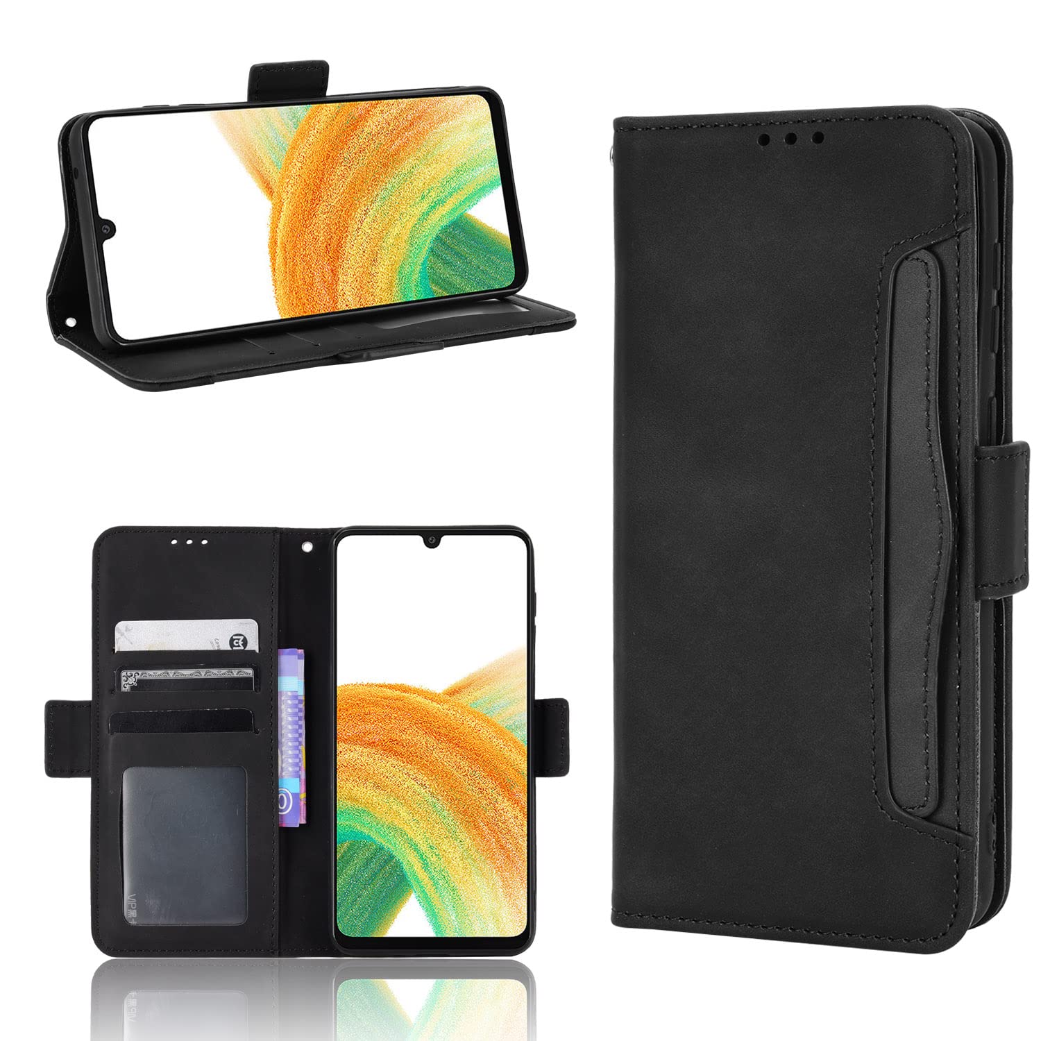 Custodia Portafoglio In Pelle Con Vetro Temperato Per Blackview A53 / A53 Pro - Antiurto TPU, Supporto E Fessura Carta - Nero - 2