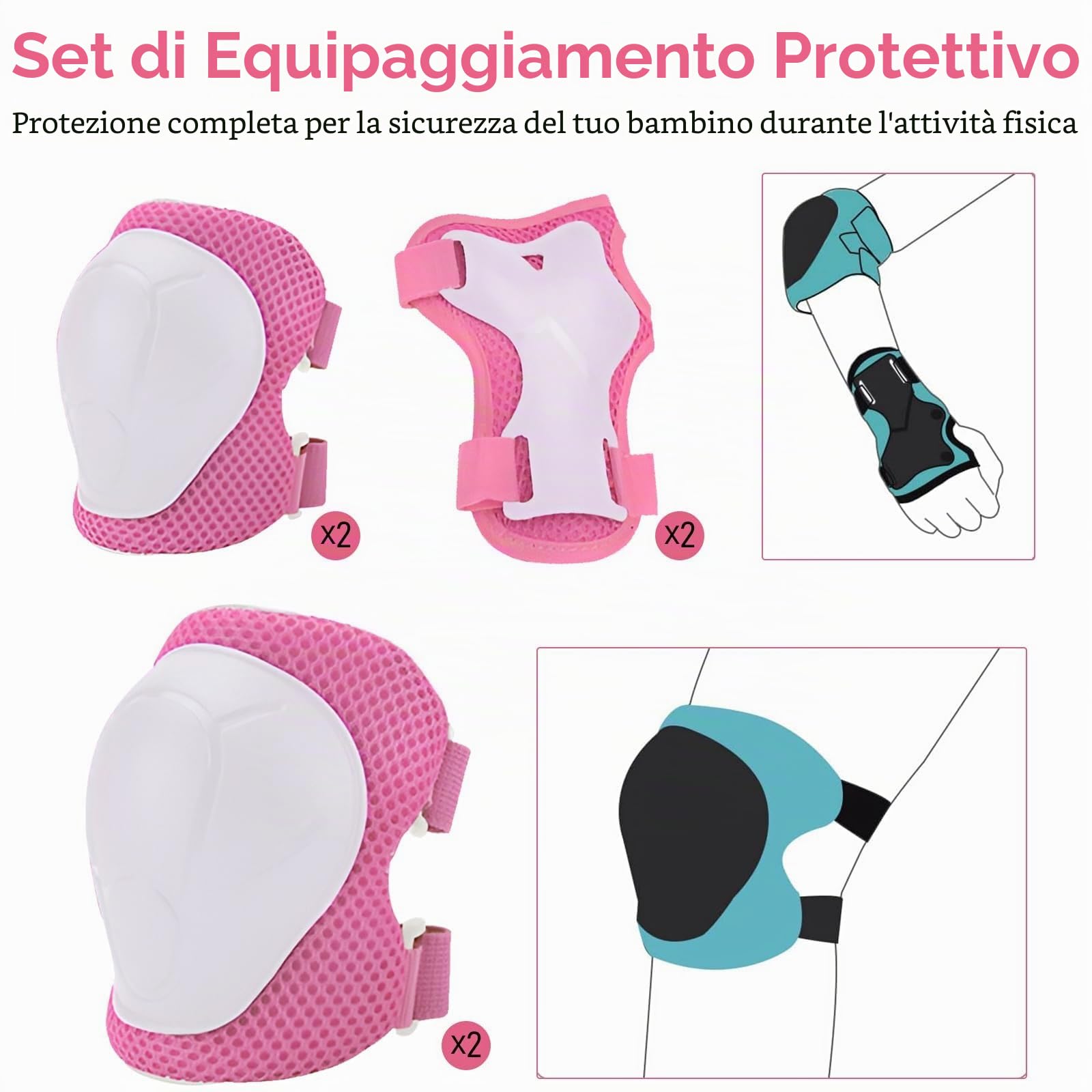 Set di casco protettivo per bambini con casco regolabile, ginocchiere, gomitiere e poggiapolsi per pattinaggio, bicicletta, pattinaggio, scooter e altri sport all'aria aperta