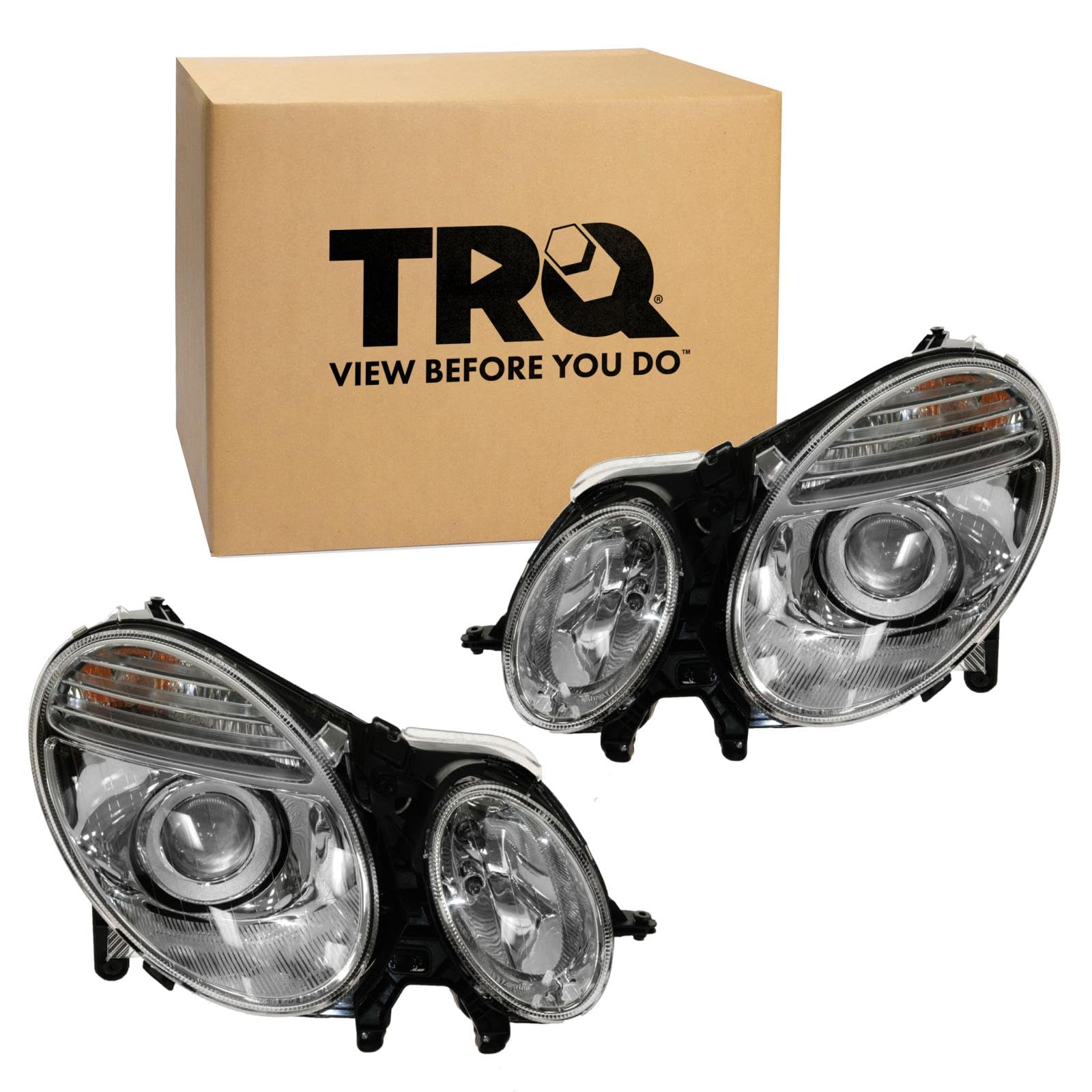 TRQ 2 Piece Headlight Assembly Set HID Driver &amp; Passenger Side Compatible with 2005 Mercedes-Benz E320 2003-2006 E500 E55 AMG 2007-2009 E550 Without Curve Light MB2502107 MB2502174 MB2503107 MB2503174