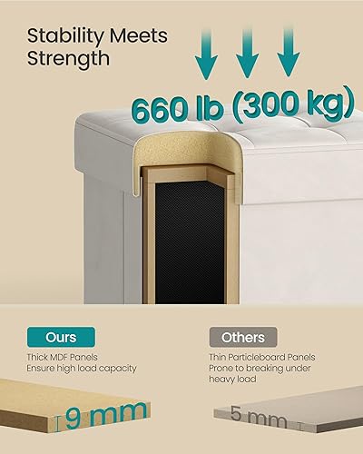 Miniatura 5 de SONGMICS Otomana de almacenamiento pequeña, cubo otomano plegable, 15 x 15 x 15.7 pulgadas, reposapiés, 9.8 galones (37 L), superficie de Crema