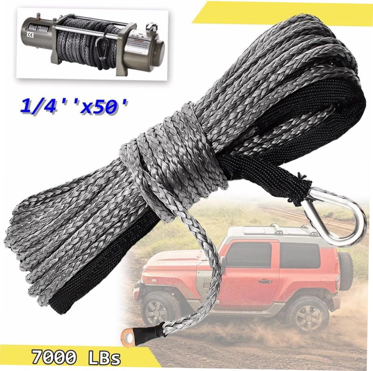 CHILDWEET 15m Winch Rope for ATV Utv SUV Synthetic Rope Cable Towing Strength Easy Handling