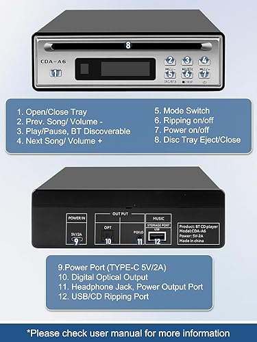 Miniatura 6 de Reproductor de CD de alta fidelidad para el hogar, extractor de CD, reproductor de CD Bluetooth para automóvil con extracción USB, Rip CD a USB,