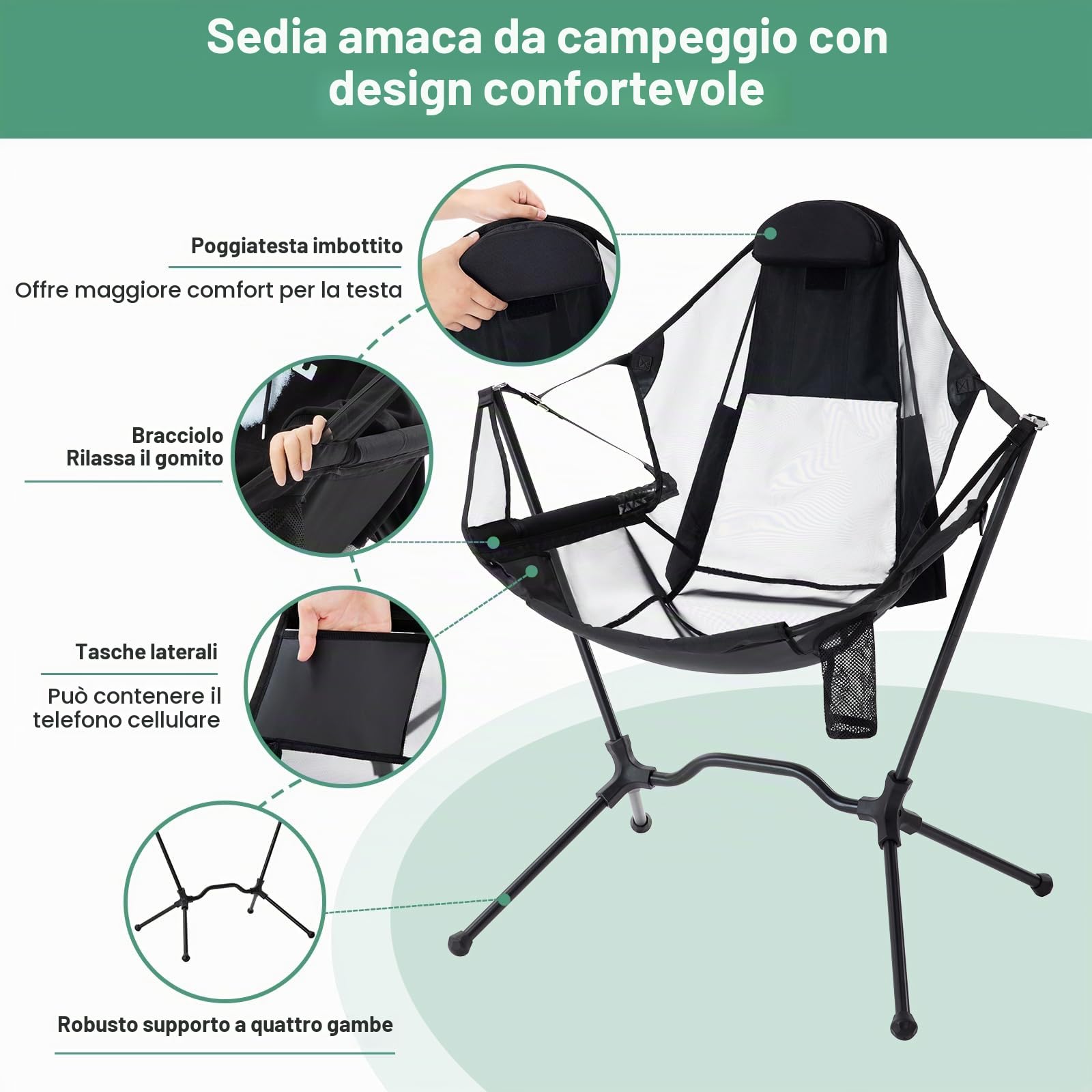 Sedia da Campeggio Pieghevoli150 KG, Sedia a Dondolo con Schienale Regolabile, Sedia da Pesca Pieghevole,Sedie da Giardino Portatili per campeggio, giardino, balcone, picnic, interni
