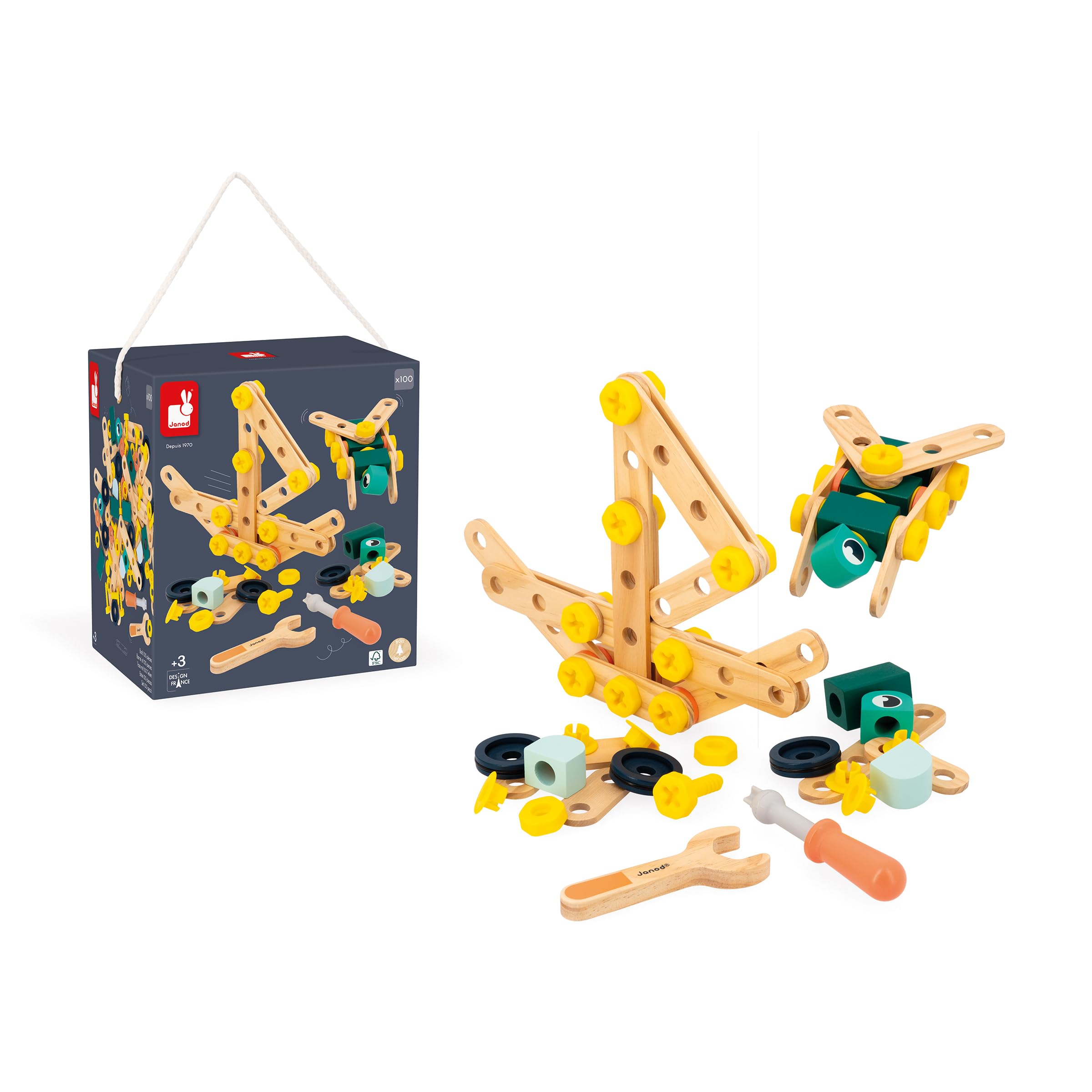 Janod - Mon Premier Jeu de Construction - Baril 100 Pièces - 98 Accessoires + 2 Outils - Imitation - Développe Dextérité & Créativité - 3 Ans + - J06454