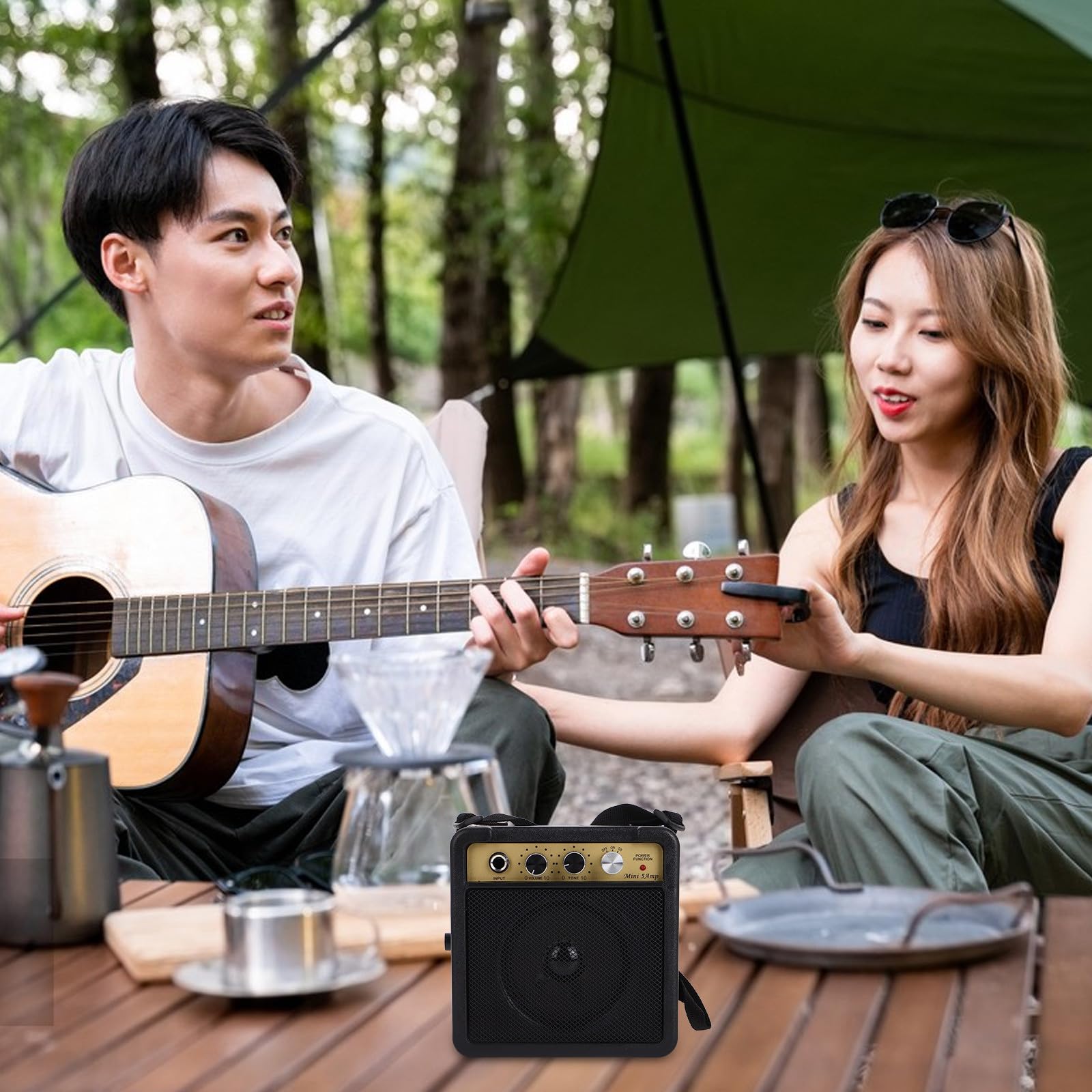 Abaodam Mini Amplificatore per Chitarra Elettrica 5w Portatile Cavo Audio e Adattatore, Amplificatore Valvolare Compatto per Basso e Chitarra, Altoparlante Pratico per Esercizi e Piccole