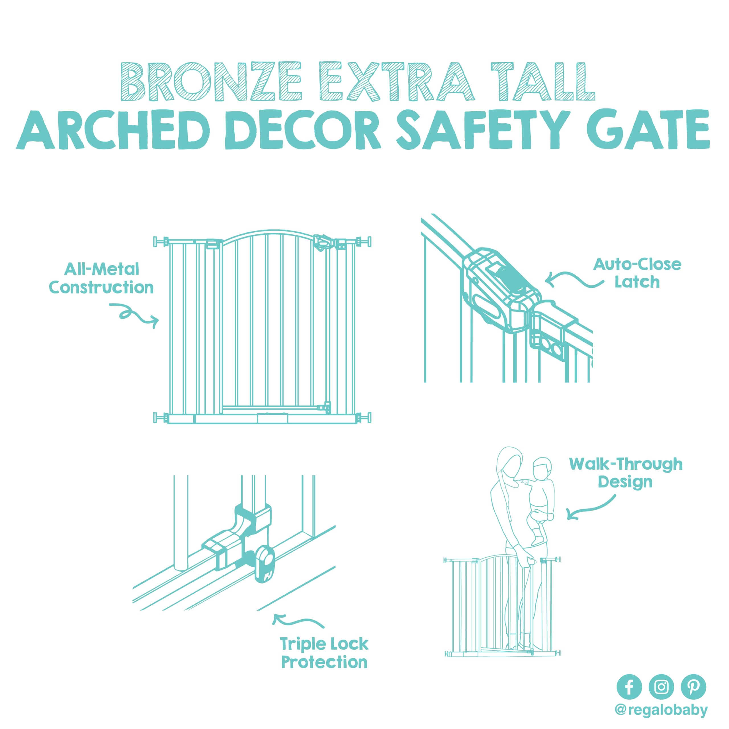 Regalo Safety 91.4cm Extra Tall Arched Baby Gate for Doorways & Bottom of Stairs, Fits Openings 75-87cm (Extension Included), Pressure Mounted for Babies, Toddlers & Pets, Bronze