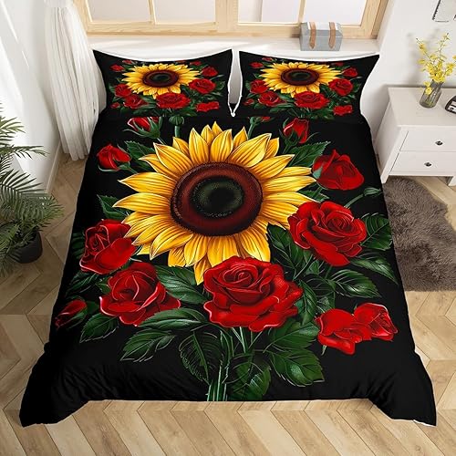 Manfei Juego de funda de edredón de girasol amarillo, tamaño matrimonial, juego de ropa de cama de rosas rojas de 3 piezas para decoración de