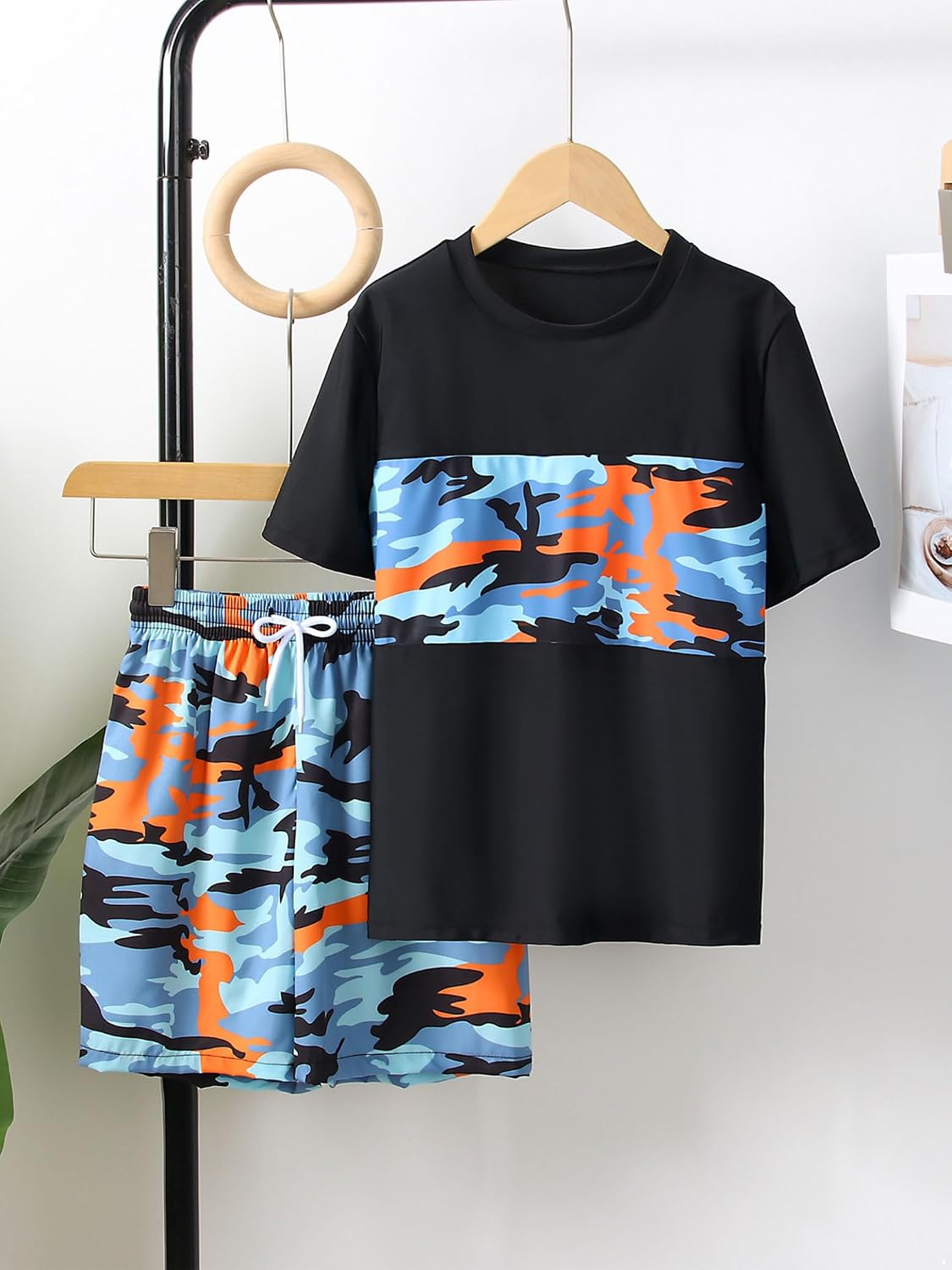 Kids Boys 2Pcs Coconut Tree Print Short Sleeve Swim Top and Shorts Set Rash Guard Sun Protection Swimsuit