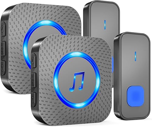 SURFOU Timbre inalámbrico con 2 receptores, 2 botones, timbre impermeable IP55, timbre remoto de 1300 pies1,312.3 ft, 55 campanas de 5 volumen, LED