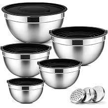 Mixing Bowls Set of 5 - Stainless Steel Mixing Bowls with Lids & 3 Grates Nesting Salad Bowl with 0.7/1/1.5/2.6/4.6L, Idea for Baking/Prepping/Serving/Food Storage, Dishwasher Safe, Black