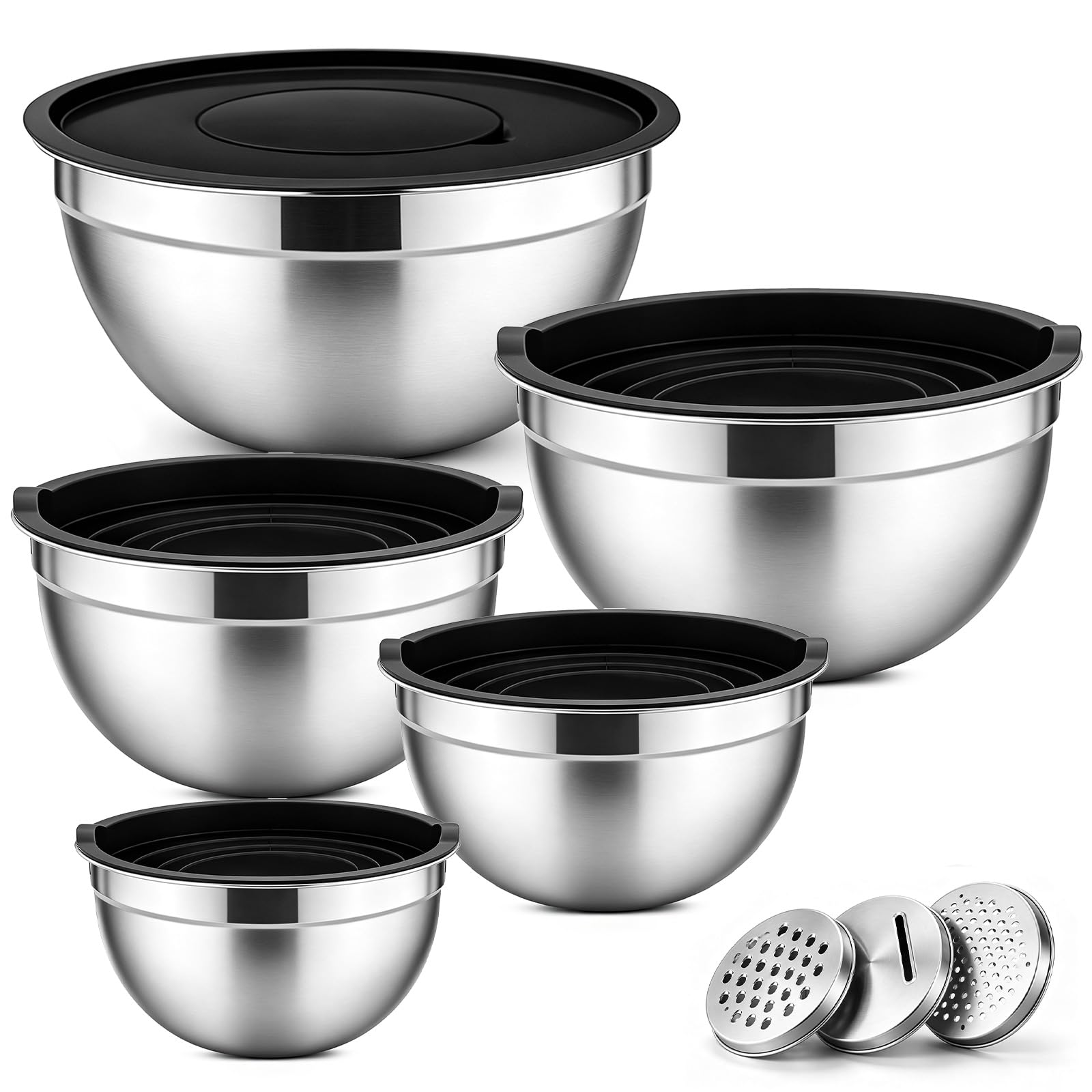 JTOOYS Mixing Bowls Set of 5 - Stainless Steel Mixing Bowls with Lids & 3 Grates Nesting Salad Bowl with 0.7/1/1.5/2.6/4.6L, Idea for Baking/Prepping/Serving/Food Storage, Dishwasher Safe, Black — image 1