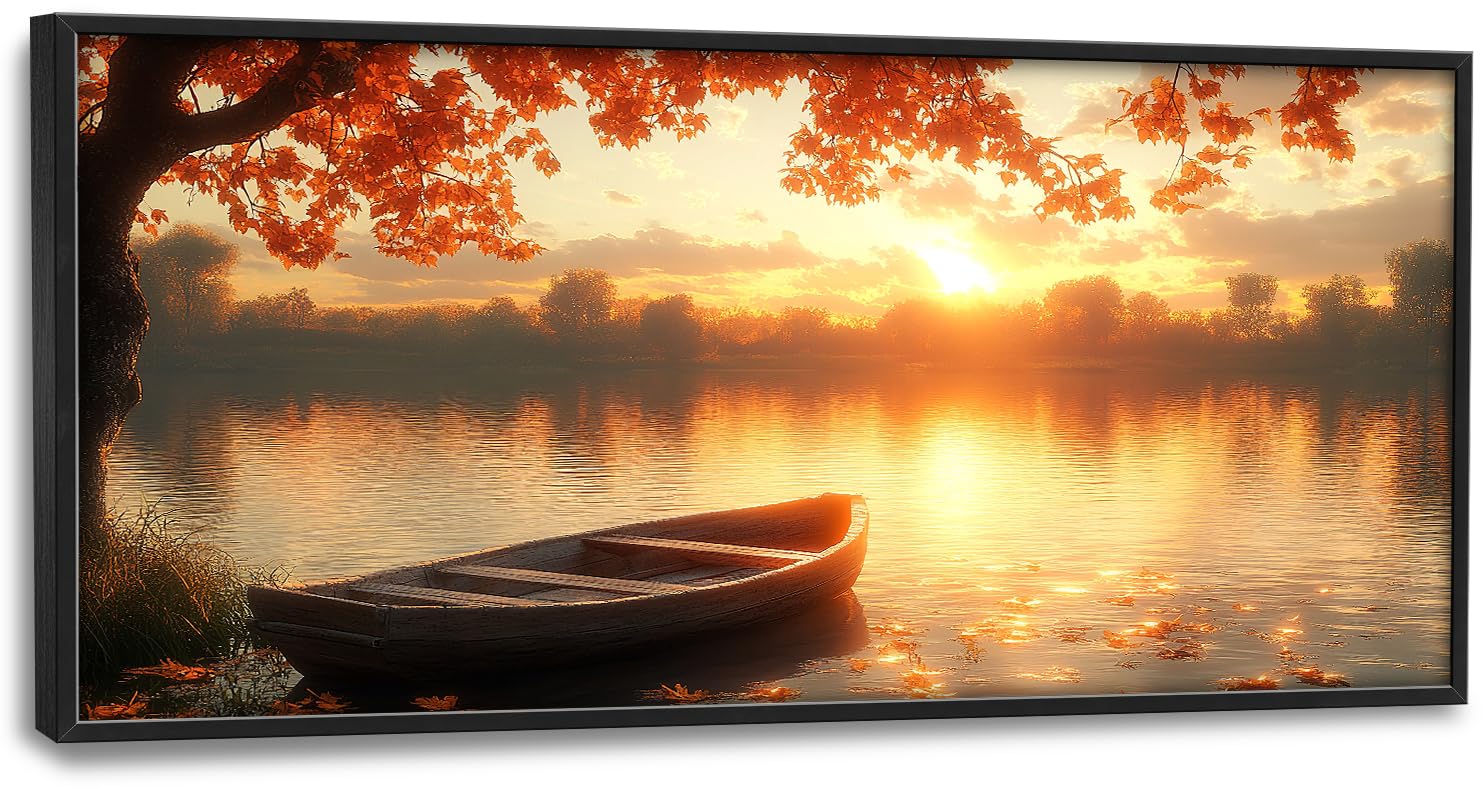 Large Lake Fall Sunrise Landscape Wall Art for Living Room, Nature Boat Canvas Oversized Wall Decor, River Scenery Framed Pictures Painting Print Artwork for Bedroom Office 60\"L x 30\"W