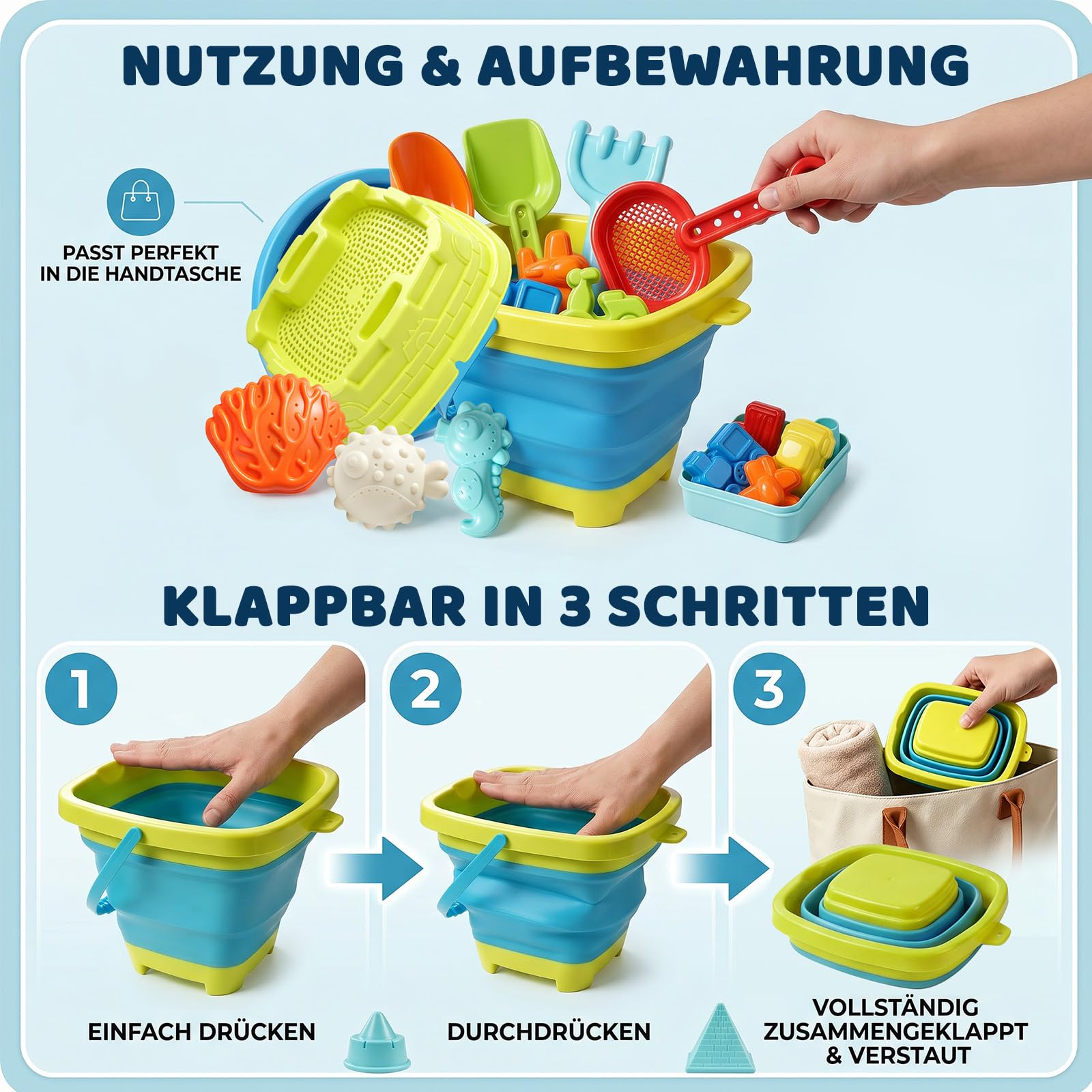 21 in 1 Sandspielzeug, Strandspielzeug Kinder Sandkasten Spielzeug mit Faltbarer Eimer, Innovative Handtaschen, Sandschaufel, Sandformen, Tragbar und platzsparend für Jungen Mädchen Kinder