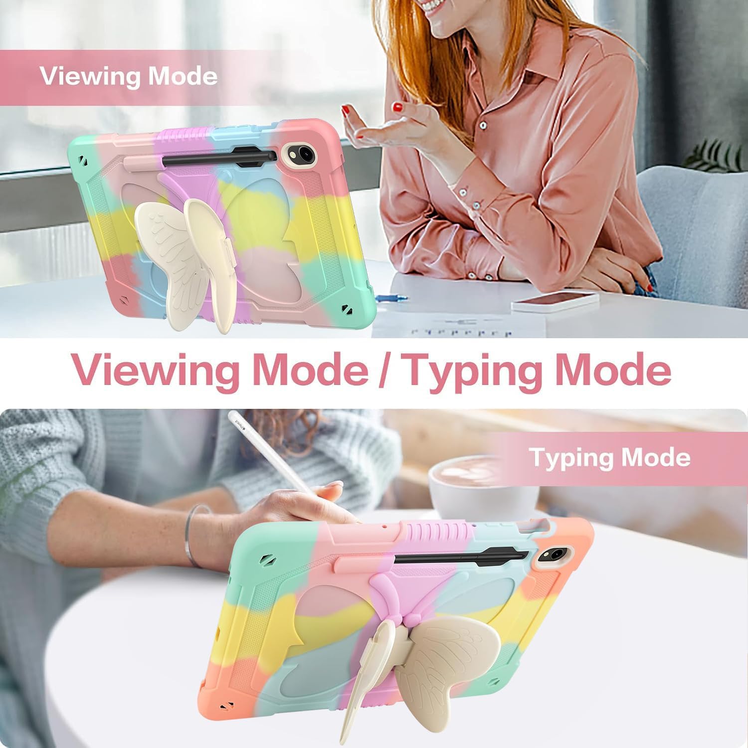 for Samsung Galaxy Tab S10 Lite/S10 FE/S9 FE 5G 10.9"/S9 11" Butterfly Case Cute, Girls Women Cute Kawaii Girly Butterfly Silicone Protective Cover with Stand Shoulder Strap Pencil Holder Pink image 4