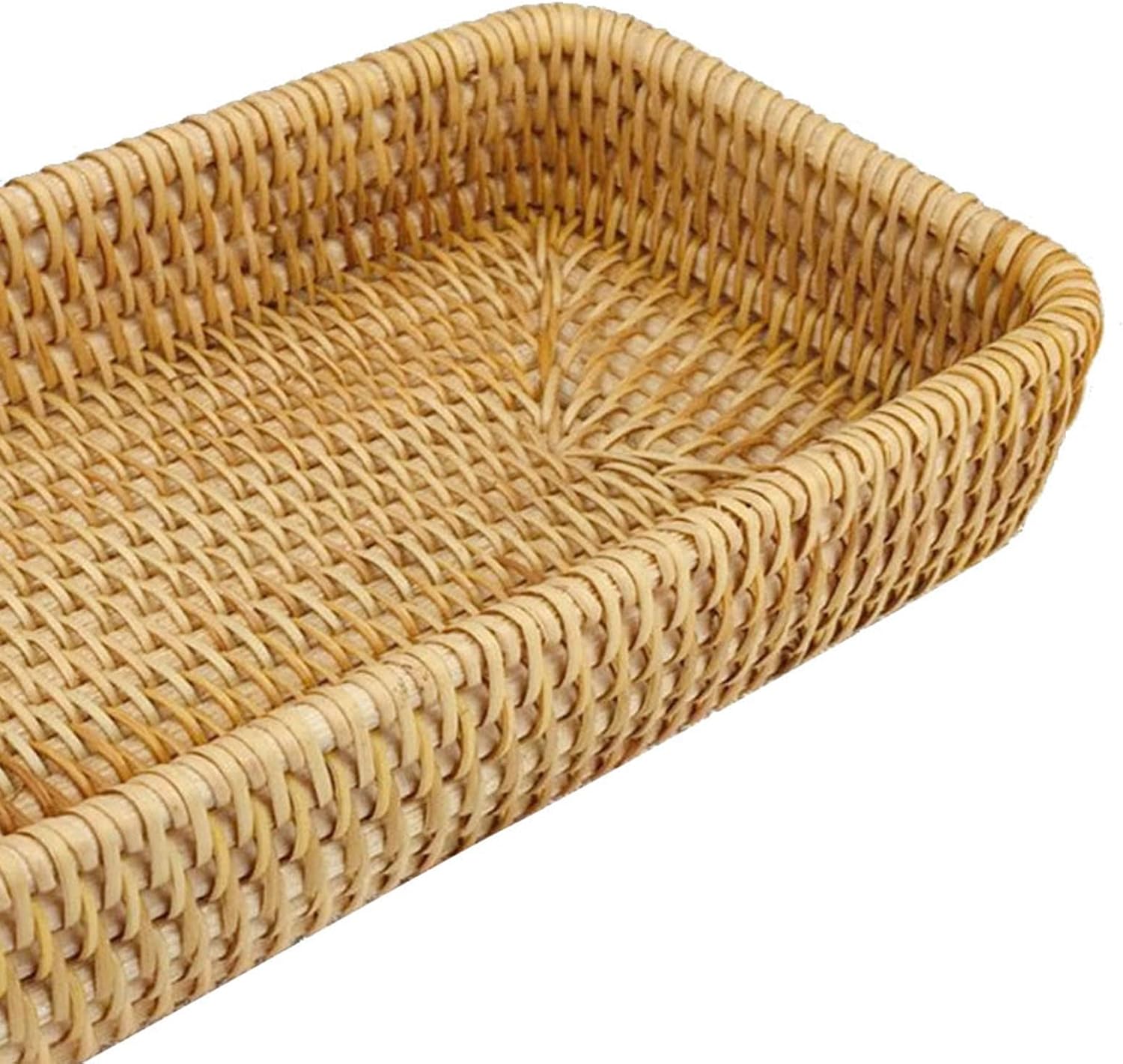Rattan Serving Tray, Basket Organizer Tray, Rectangle Tabletop Breakfast Drinks Snack Fruit Storage Platter Handwoven Wicker Tray for Table, Coffee, Home Decor (Small)