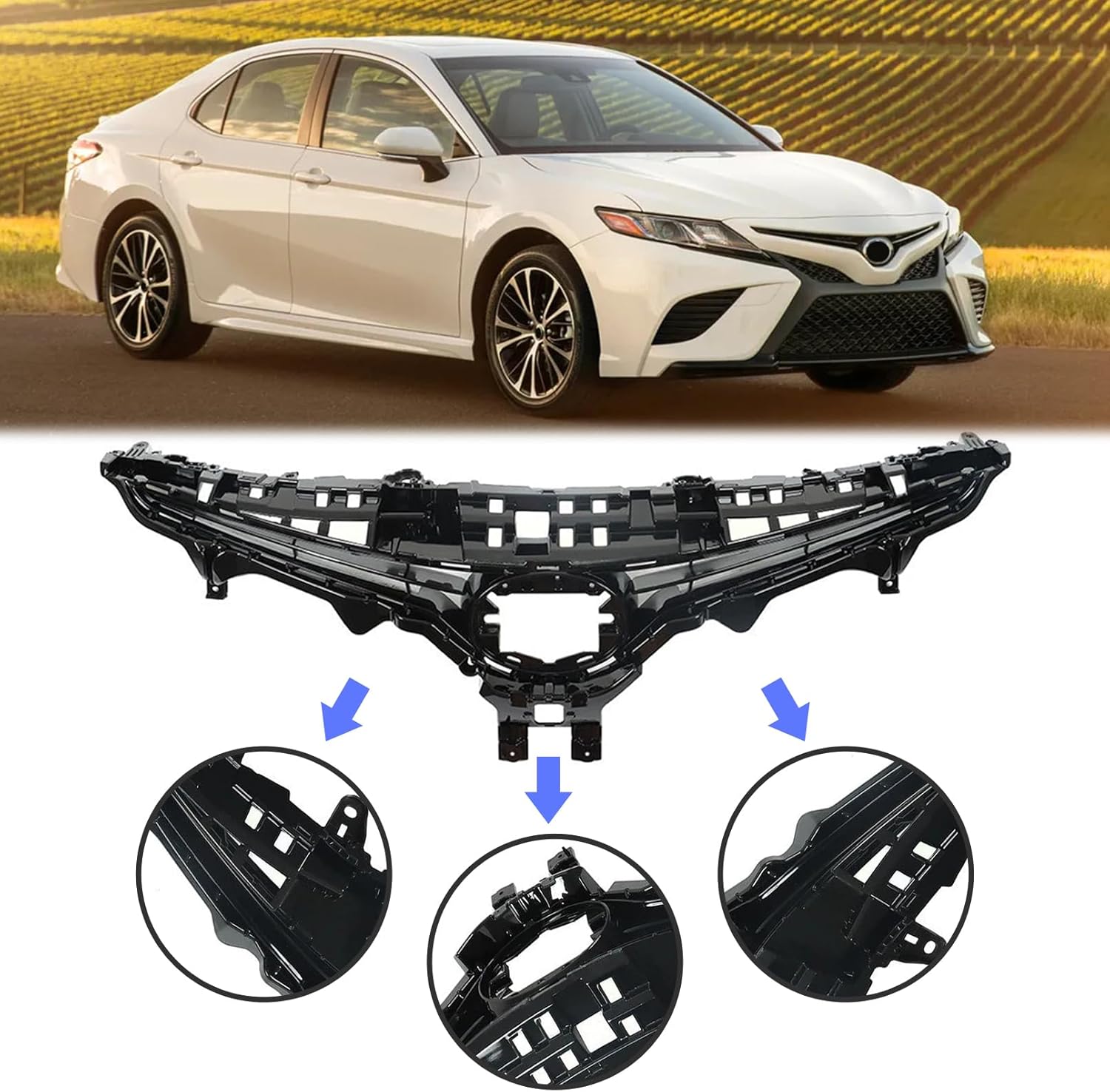 Bewild Front Bumper Grille Black Grill Assembly Upper & Lower Grille 2Pcs Fit For 2018 2019 2020 Toyota Camry SE XSE Replacement for TO1200422, TO1036185 (W/O Rader Hole)