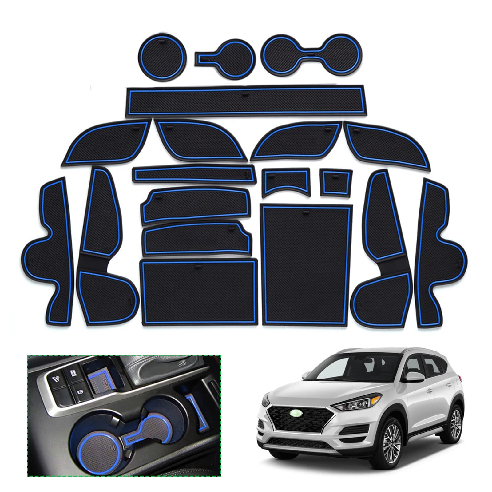 GAFAT 2015-2020 Tucson (Trasmissione Automatica) Tappetini Antiscivolo in Gomma per Console Centrale, Porta Bicchiere, Slot Portiera (Blu)