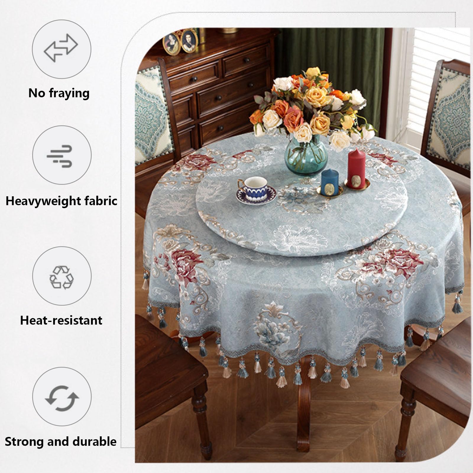 Tovaglia rotonda retrò europea da 120 cm, con nappe e bordo intrecciato, per matrimoni, banchetti, riunioni e uso domestico (160 cm)