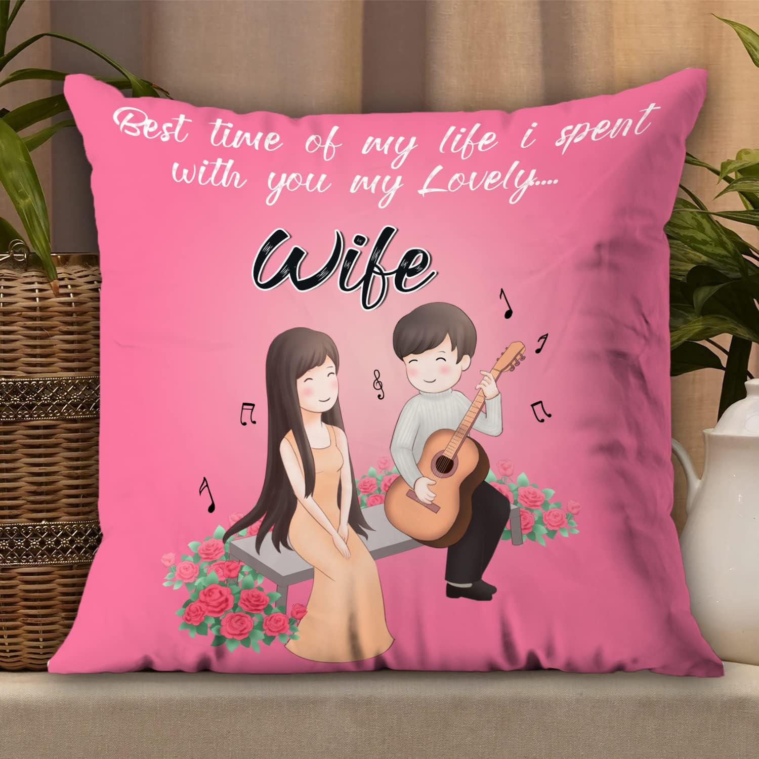 Gifts For Wife For Wife|Best Time Of My Life You My Lovely Wife Printed Cushion Cover With Microfiber Filler|Romantic Gift For Wife|Gift Item For Wife, Multicolor