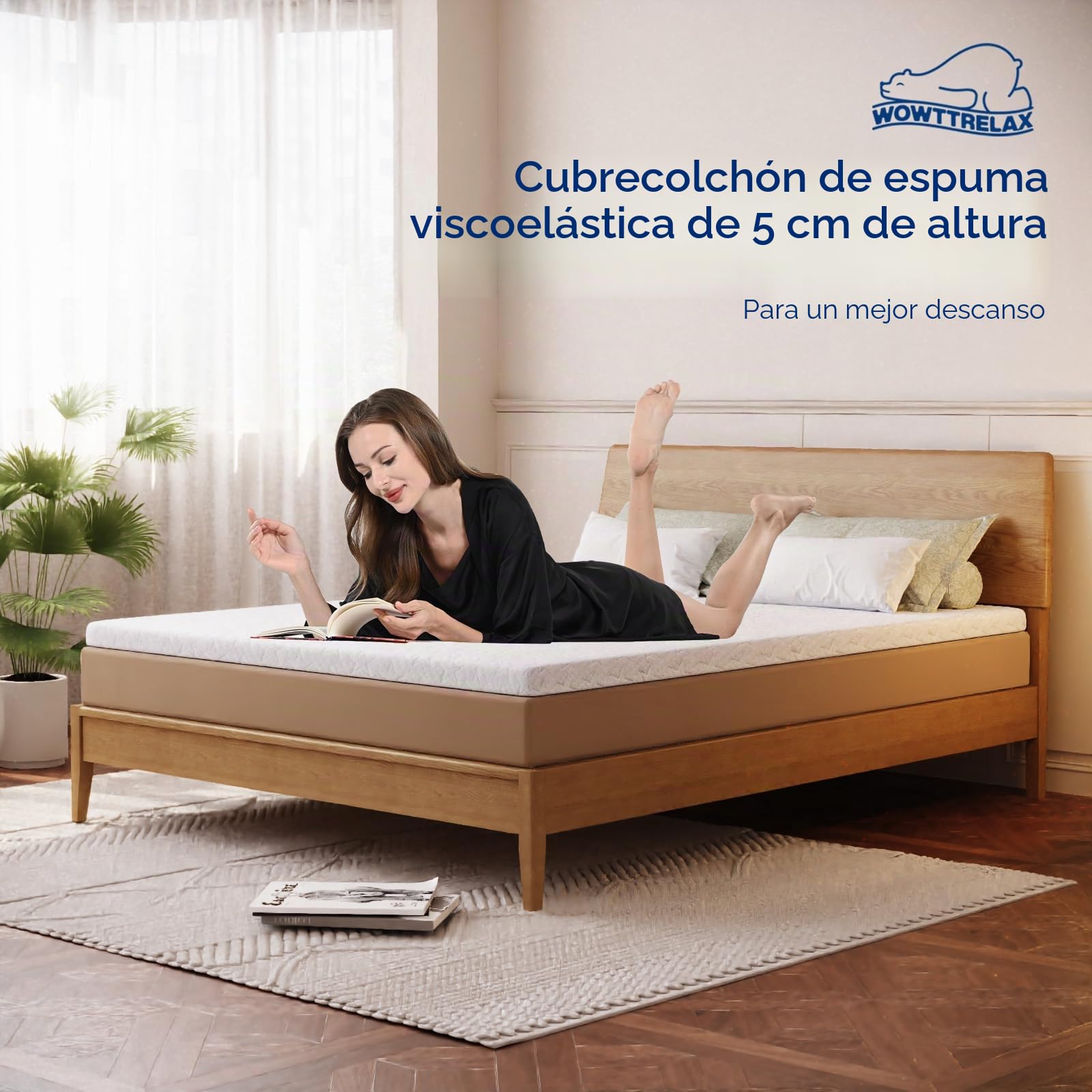 WOWTTRELAX Cubrecolchon Topper 140x200, Colchón Topper con infusión de Carbón de Bambú y Gel Viscoelástico, Libera Presion Cervical y Lumbar, Sobrecolchón Transpirable, Funda Desmontable y Lavable