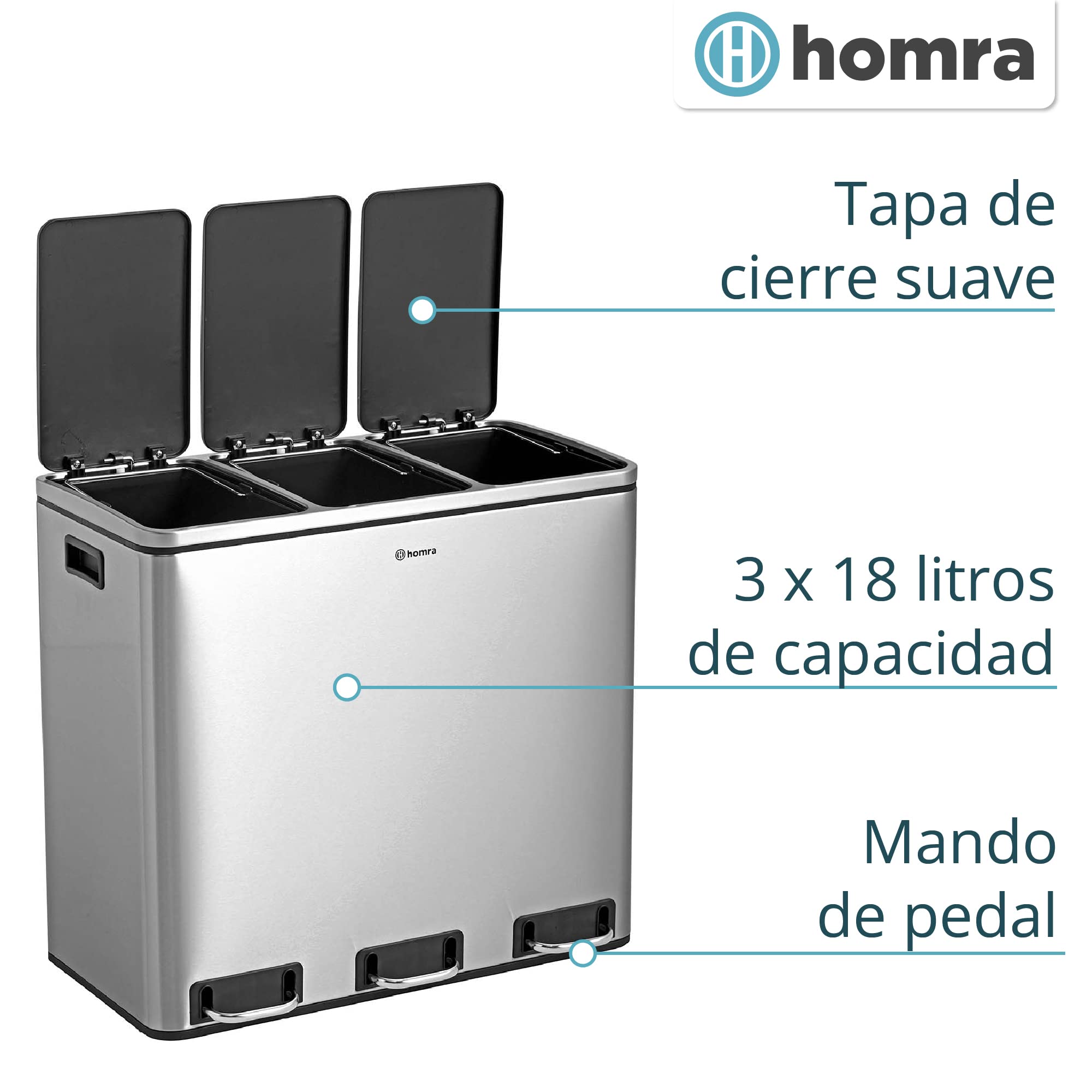 Homra Sparq - Papelera de reciclaje con 3 compartimentos, 54 L (3 x 18 litros) - Cubo triple grande - Cubo de basura con diseño de acero inoxidable