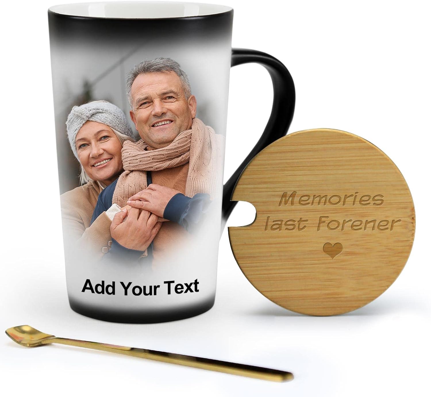 Custom Personalized Heat Changing Coffee Mug 16oz with Lid & Spoon, Engraved Wood Cover, Photo Text Both Sides Gift