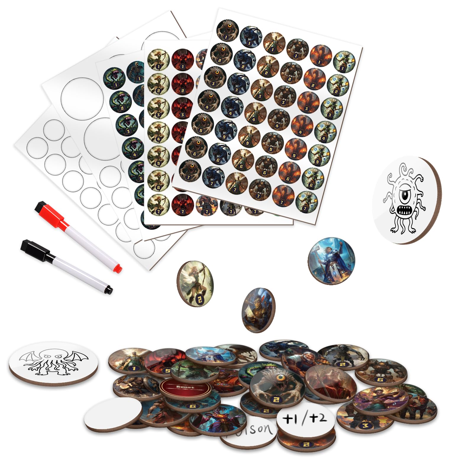 CZYY RPG Dry Erase Token Set - 192 PCS | Reusable Blank Tokens, Creature Tokens, DND 5E Class Characters with Maker Pens | Ideal for D&D, Pathfinder, TTRPGs, MTG & Board Game