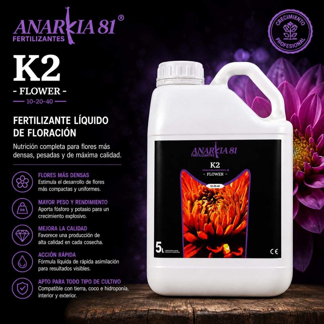 K2 5 L – Fertilizante de Floración para Plantas Nutrición Base Alta Concentración PK Acción Rápida Mejora Densidad Peso y Rendimiento en Cultivo Interior y Exterior - Anarkia81
