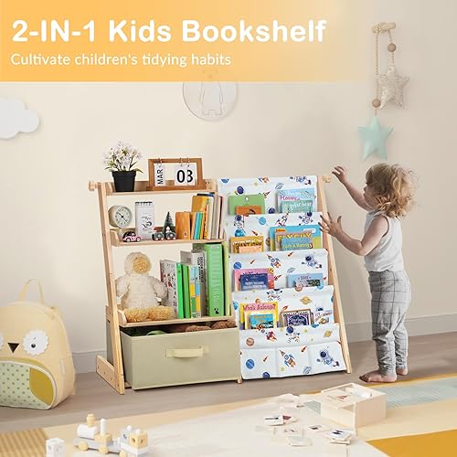 Miniatura 3 de Estantería infantil y organizador de almacenamiento de juguetes de madera 2 en 1 para niños pequeños, estante de 4 niveles con caja de juguetes para