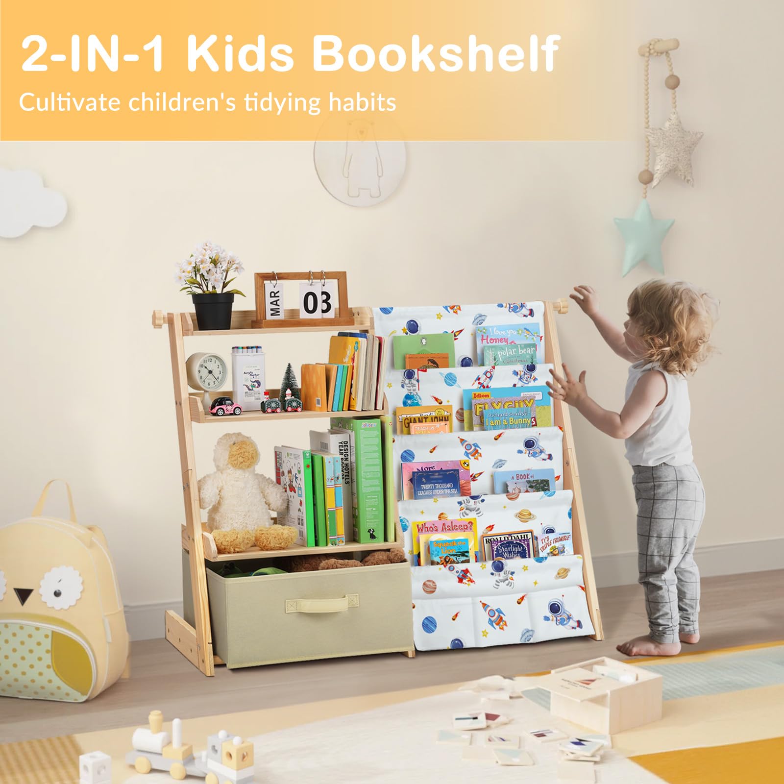 Libreria per Bambini con 4 Ripiani e 3 Scomparti Aperti, Scaffale Giochi Bambini con Scatole e 3 Tasche, Scaffale Portagiochi per Camerette, Librerie Montessoriana per Bambino e Bambina (Astronauti)