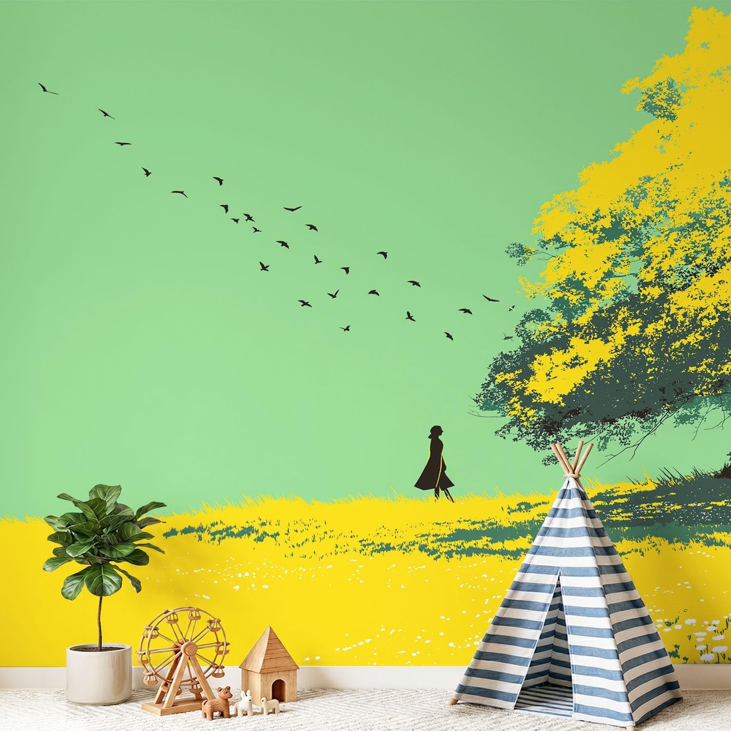 Papier peint panoramique prairie vert jaune 150x105 cm poster mural
