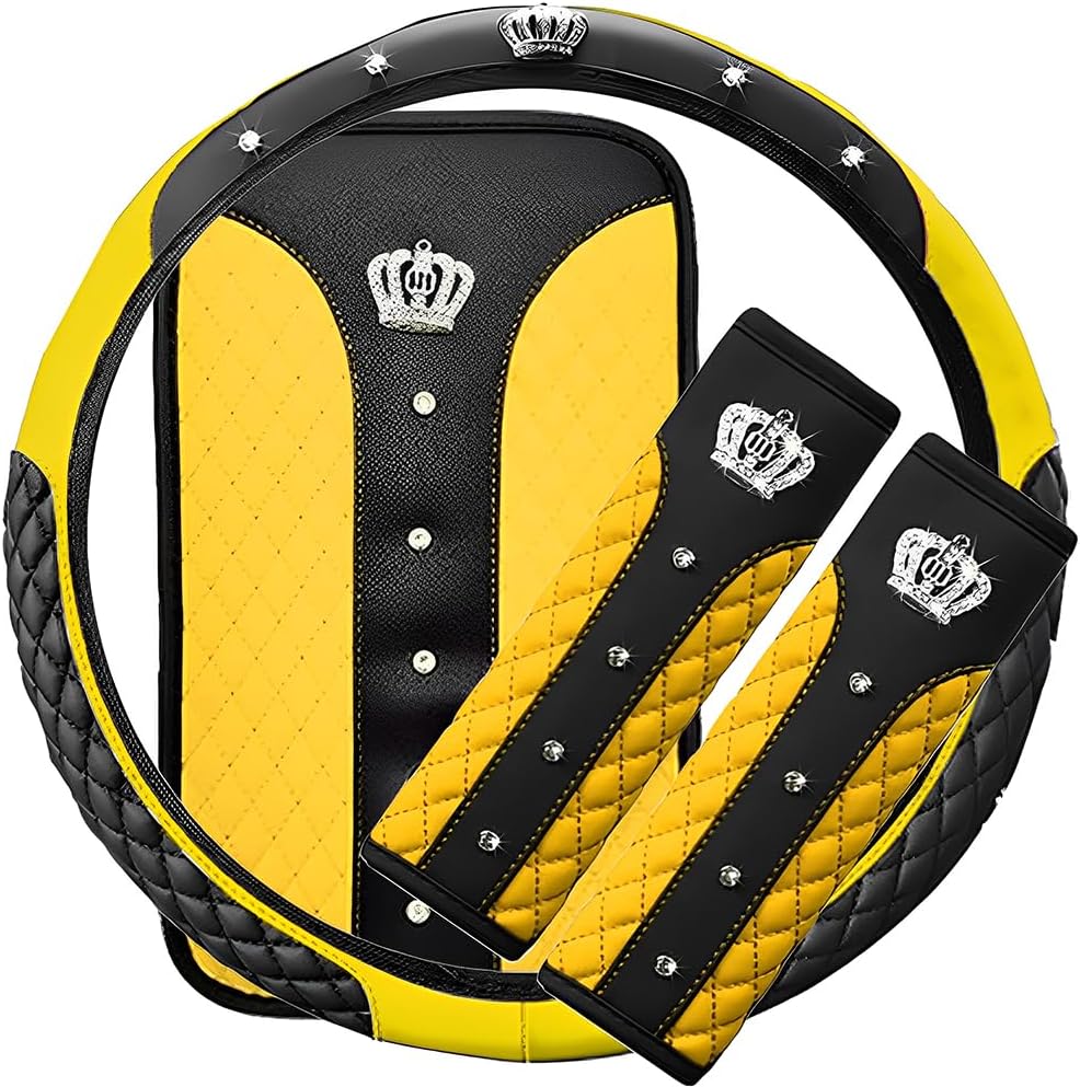 4Pcs Bling Car Accessories Diamond Crown Set Full Crystal Universal Fit Steering Wheel Cover Shoulder Pad Armrest Pad for Car Interior Accessories (Yellow)