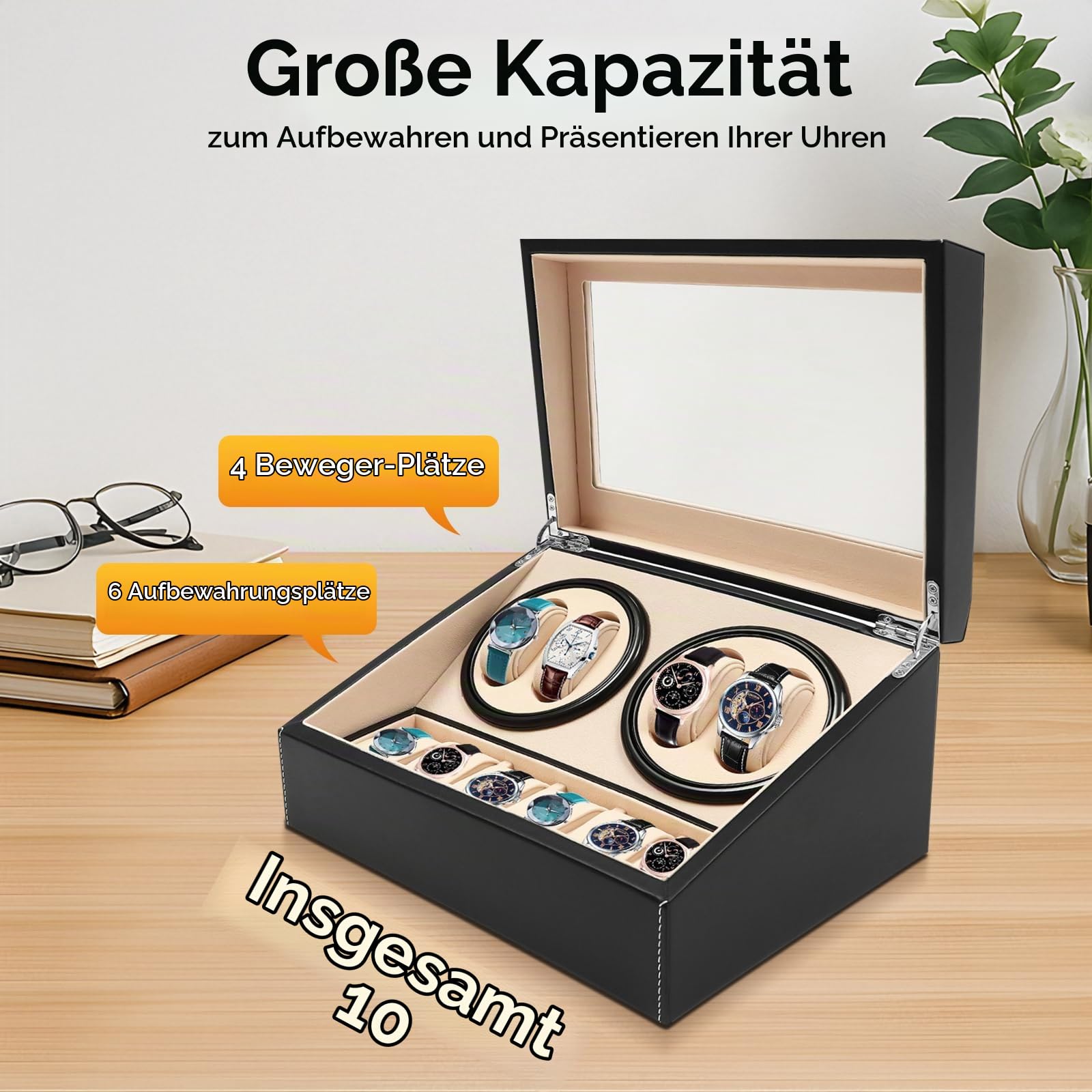Automatik Uhrenbeweger | Uhrenbox | Uhrenkasten | Automatisch Drehbares | 4+6 Fächer | Watch Box | Transparentes Fenster | Für Automatikuhren & Schmuck