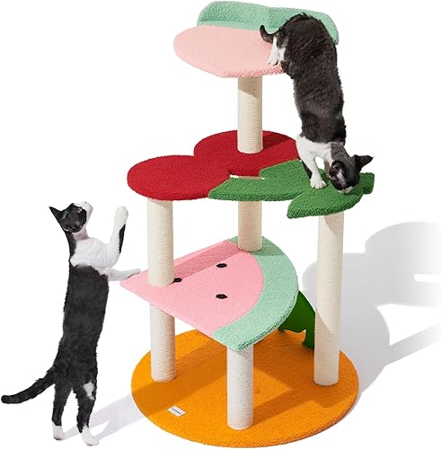 VETRESKA Torre para gatos de varios niveles de 41.3 pulgadas con plataforma en forma de fruta y postes rascadores cubiertos de yute, muebles de