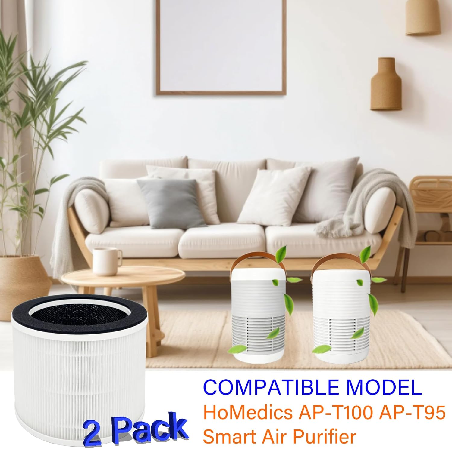 2 Pack AP-T100FL Replacement Filter for HoMedics AP-T100 AP-T95 Smart Air Purifier, 3-in-1, H13 True HEPA with Activated Carbon and Pre-Filter - Image 2