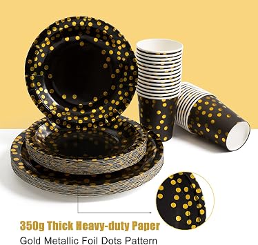 HOMIX Black and Gold Party Supplies 175 Pieces Disposable Black Paper Plates Napkins Cups, Gold Plastic Forks Knives Spoons for Graduation, Birthday, Cocktail Party Serves 25