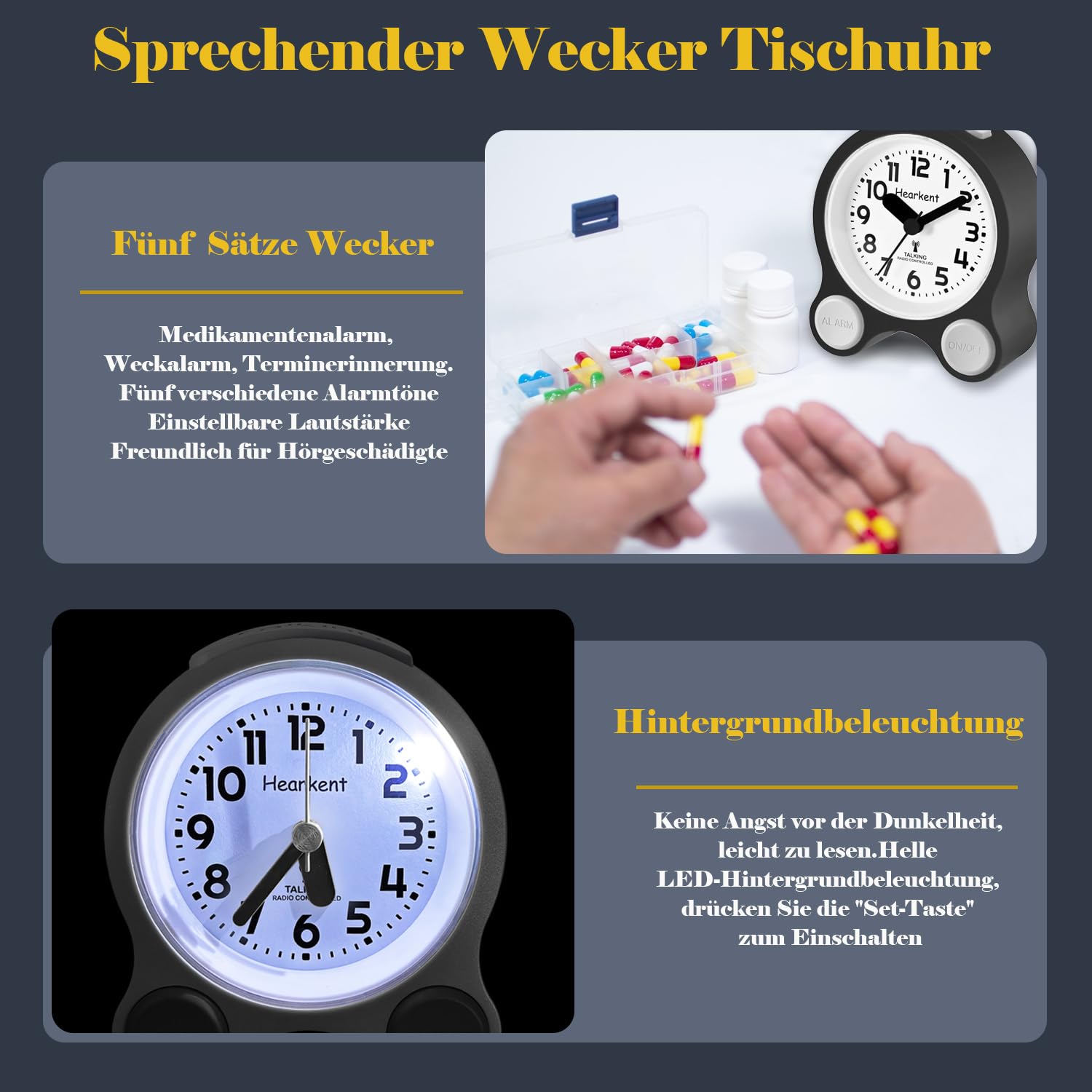 Hearkent Sprechende Wecker,Funk-Sprechuhr mit Deutscher Stimme-2218 Schwarz | Hintergrundbeleuchtung und 5 separaten Alarmsätzen,Ideal für Senioren,Blinde,Demenzkranke und sehbehinderte