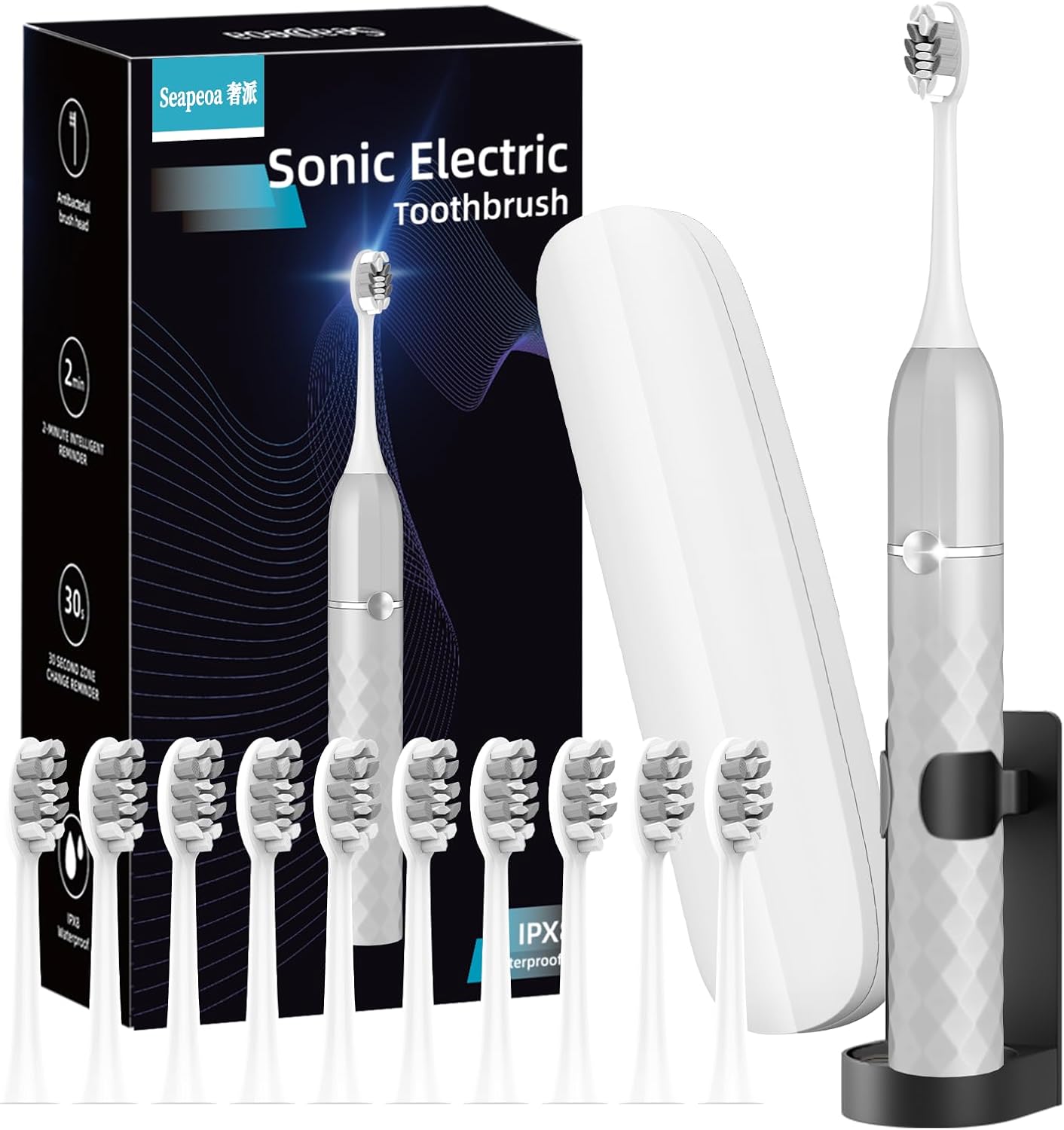 Seapeoa Sonic Electric Toothbrush Set, Equipped with 10 Brush Heads and Travel case, IPX8 Waterproof, 2-Minute Timer, 42000 High-Frequency Vibrations, 5 Modes, The First Choice for Gift Giving