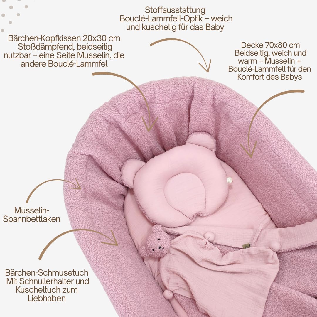 Amelia łóżeczko dziecięce – ręcznie tkany Mojżesz z materacem i materacem – 5-częściowy zestaw pościeli Teddy w kolorze różowym – przenośny wózek na kółkach – idealny dla noworodków