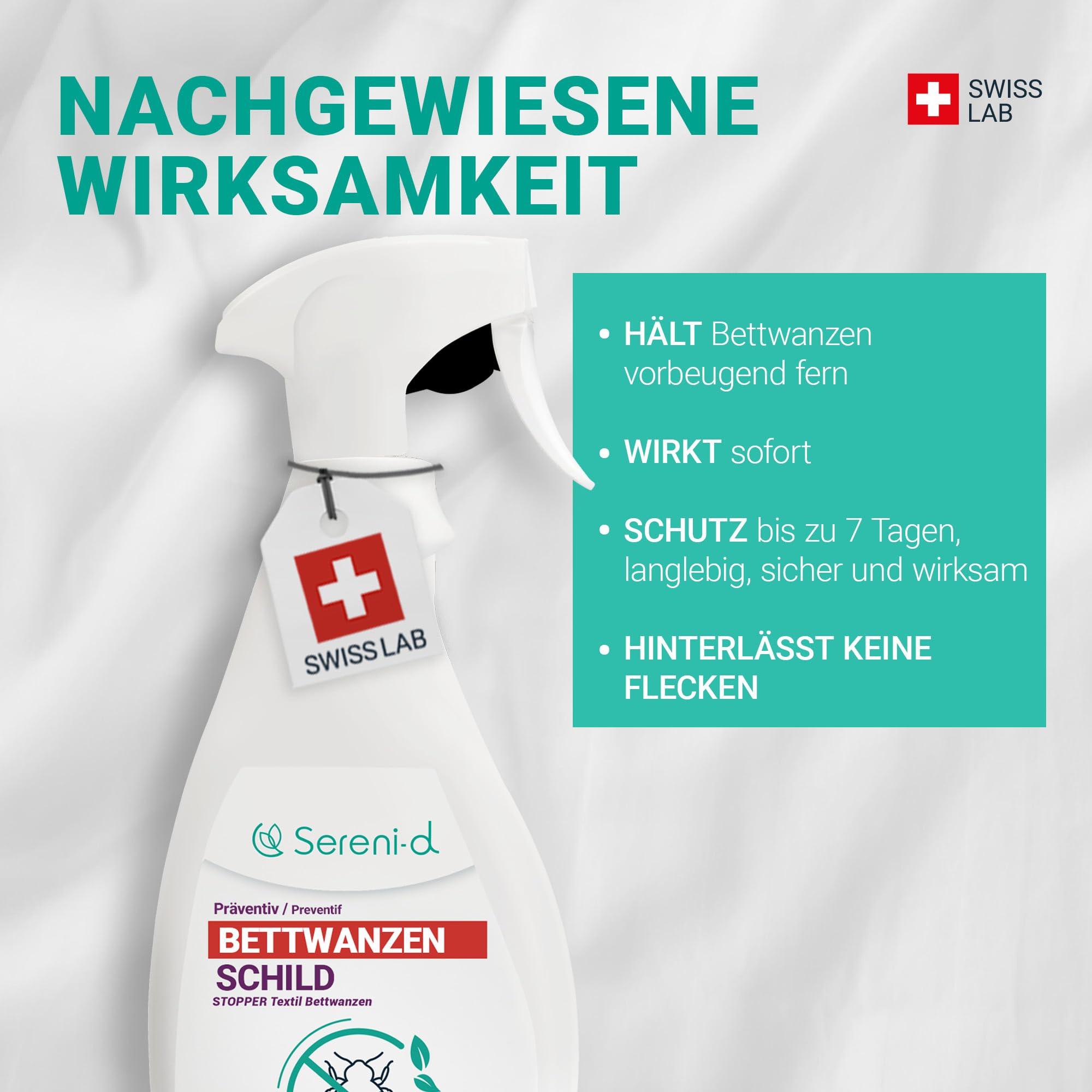 Sereni-d Anti-Bettwanzen-Spray 500 ml – Abwehrspray gegen Bettwanzen – Hochwirksam und im Labor getestet – Swiss Lab